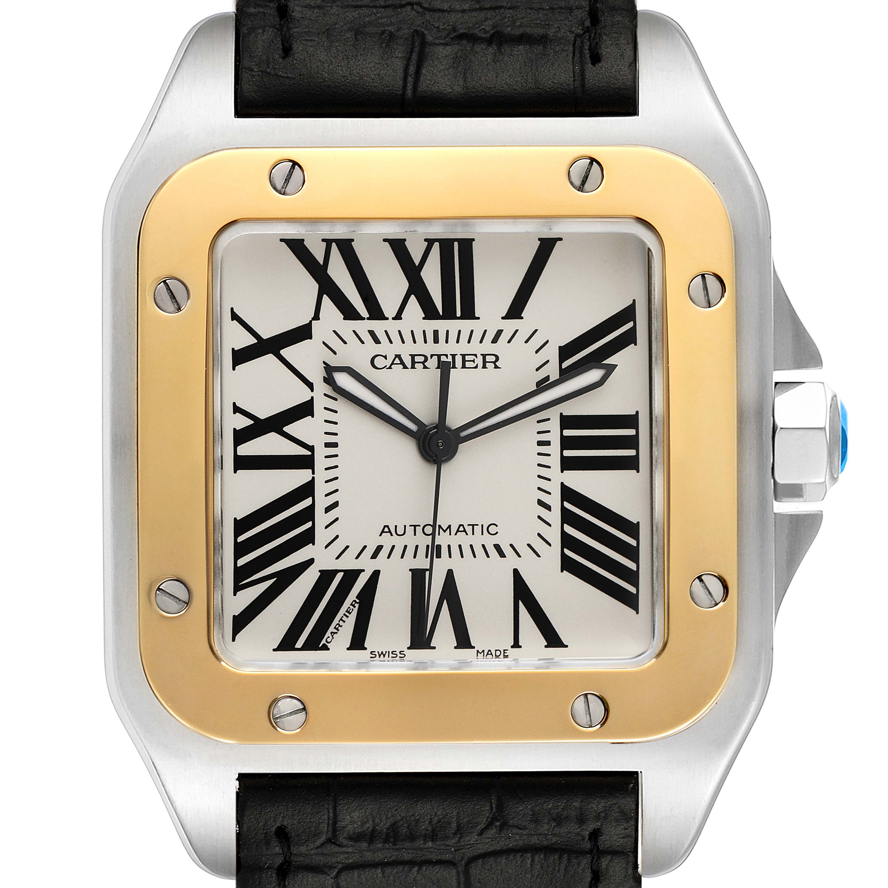 This image shows a close-up of the dial, bezel, and crown of a Santos model by Cartier, head-on view.