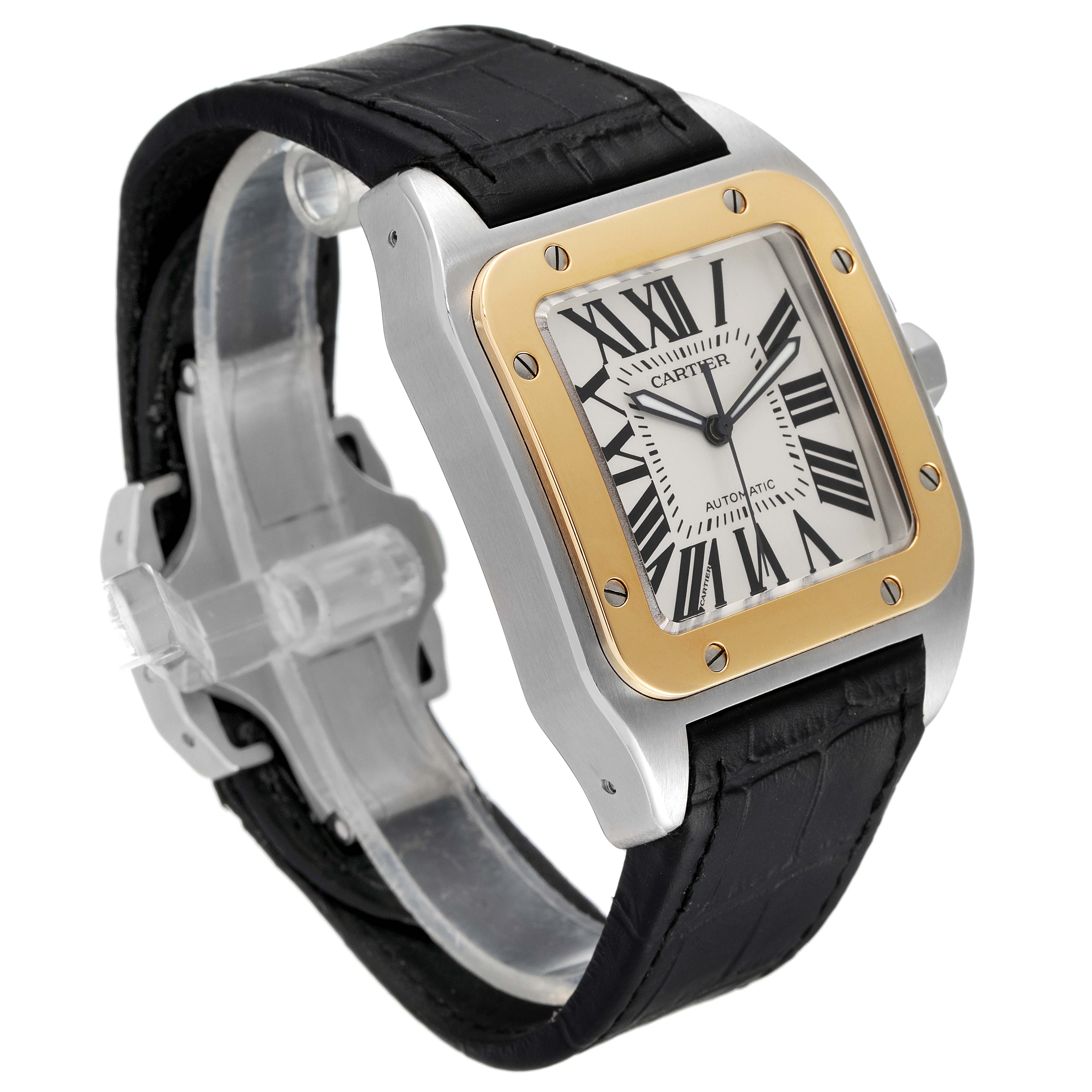 This image shows a Cartier Santos W20072X7 Men
s Steel and Gold (two tone) Silver Dial W20072X7 Men
s Steel and Gold (two tone) Silver Dial watch at a slight angle, highlighting the face, case, bezel, and leather strap.
