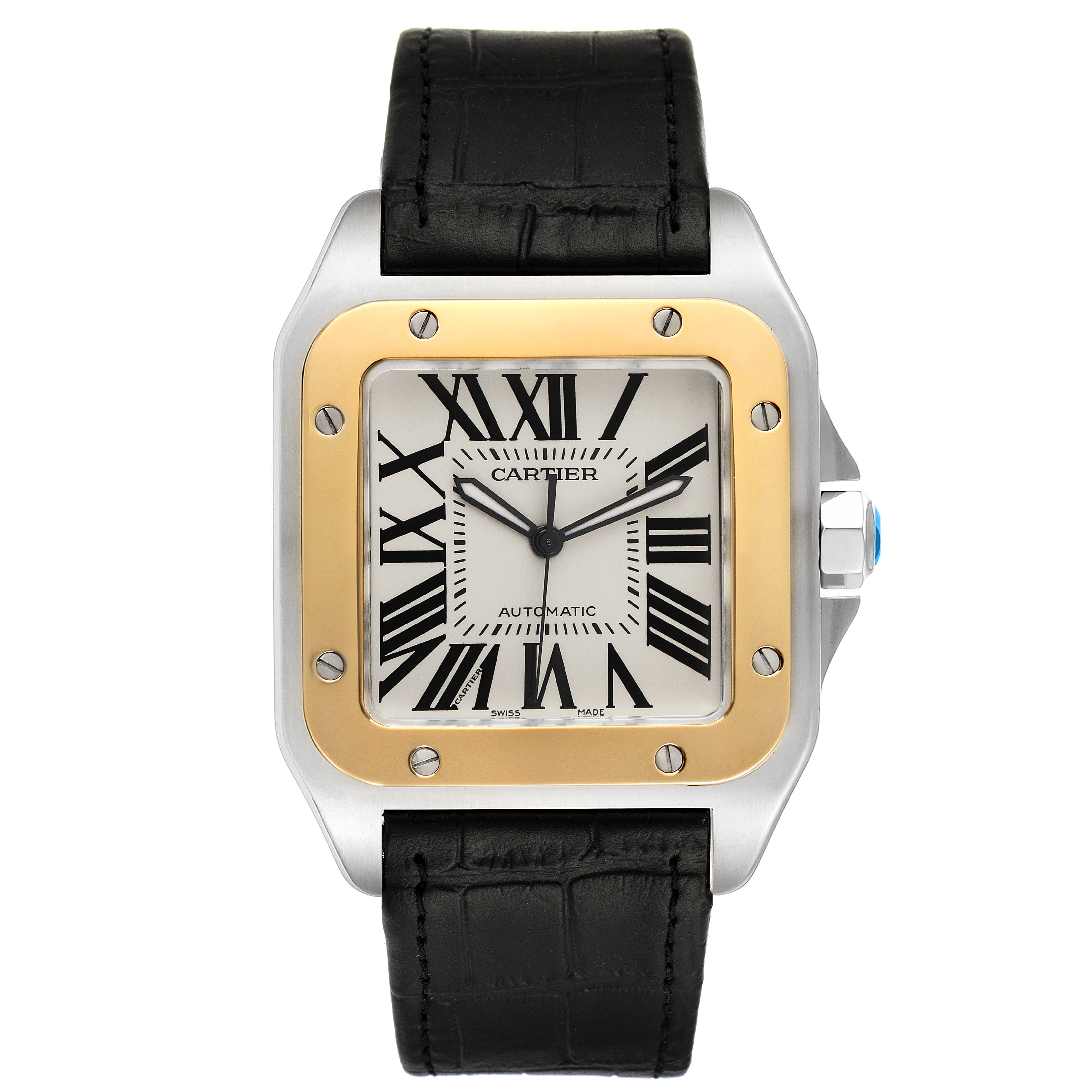 The image shows a front view of the Cartier Santos W20072X7 Men
s Steel and Gold (two tone) Silver Dial W20072X7 Men
s Steel and Gold (two tone) Silver Dial watch, highlighting its square dial, Roman numerals, gold bezel, and black leather strap.