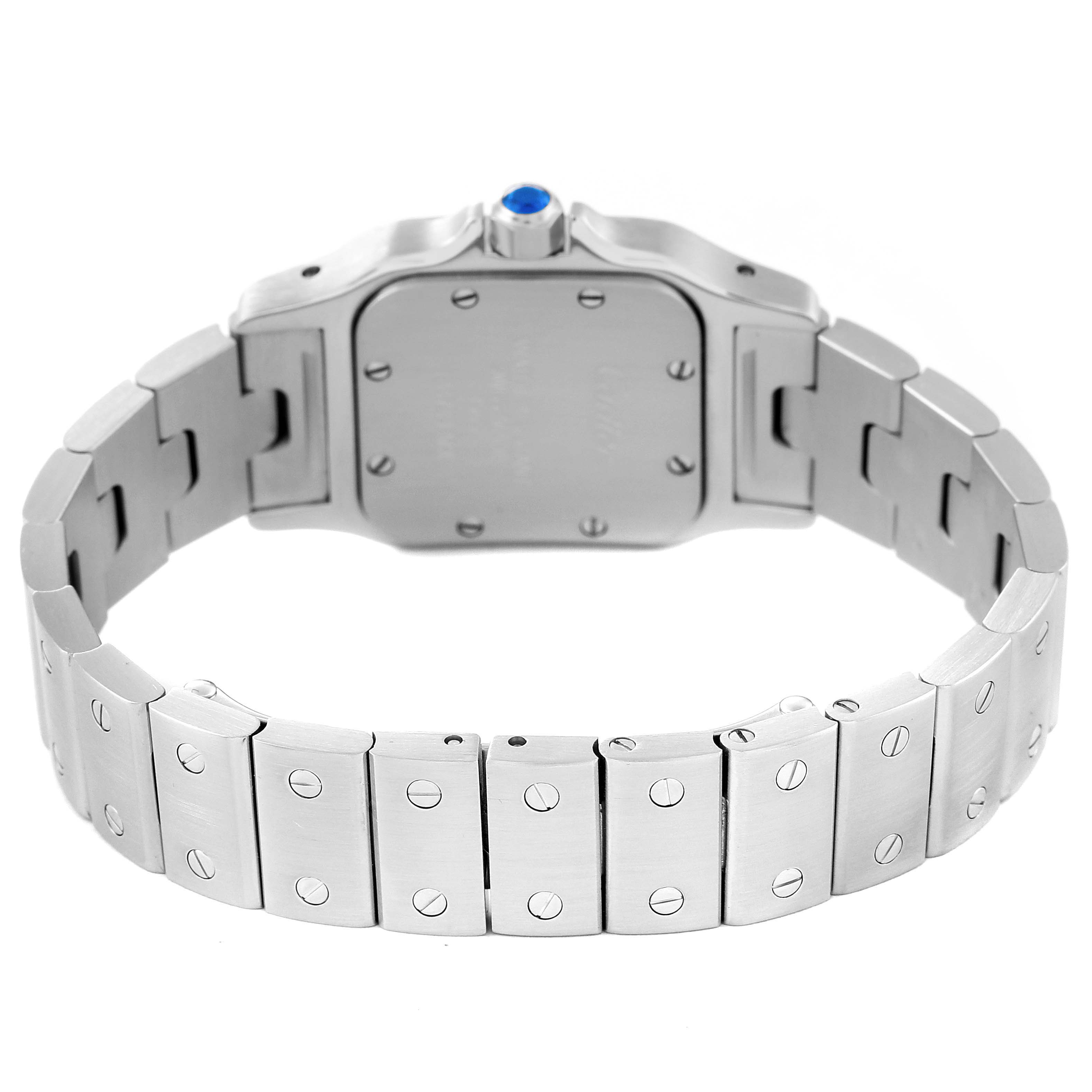 This image shows the backside and bracelet of a Santos model watch by Cartier, featuring a stainless steel band with visible screws.