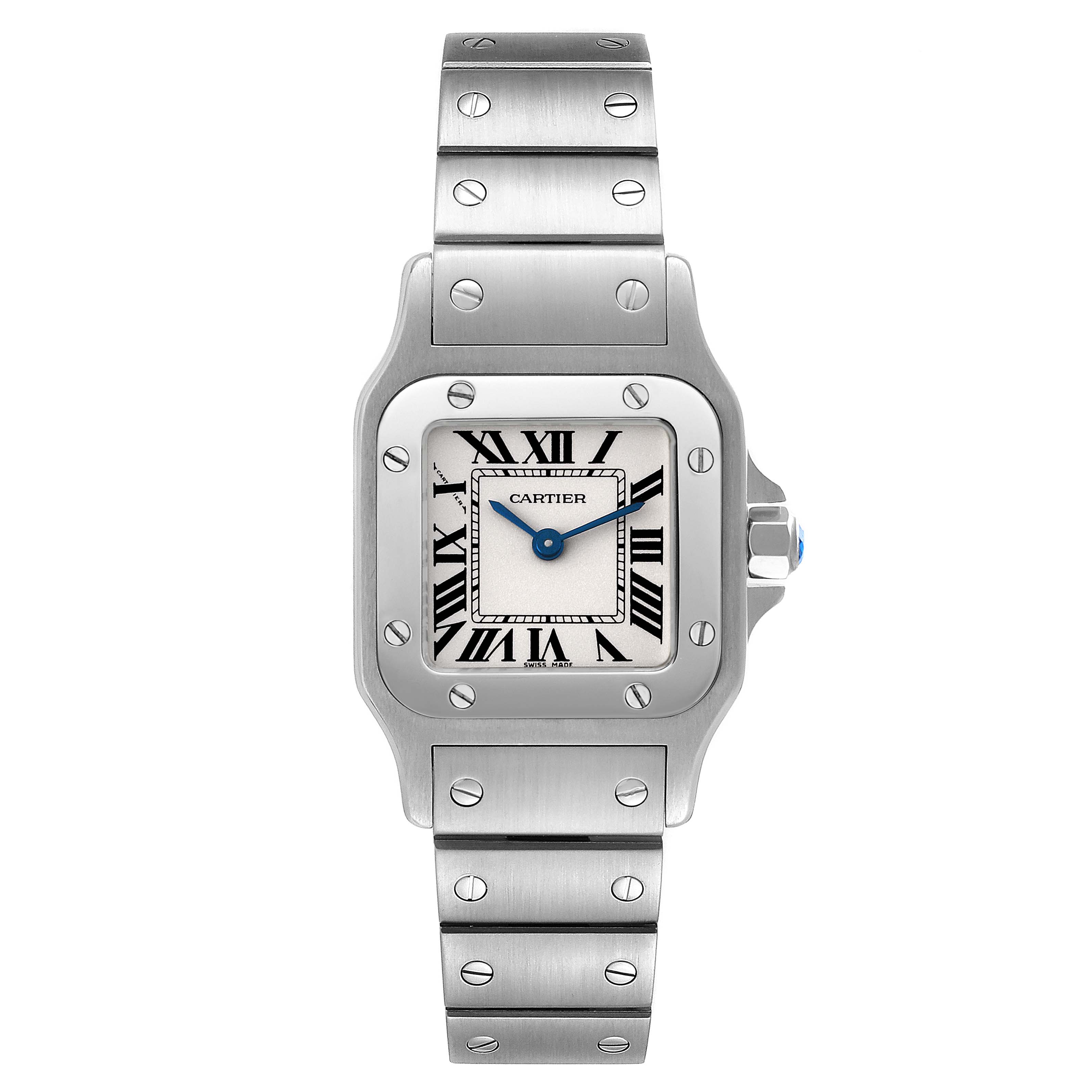The image shows a Cartier Santos W20056D6 Women's Stainless Steel Silver Dial W20056D6 Women's Stainless Steel Silver Dial watch from a front angle, displaying the dial, case, bezel, and bracelet.