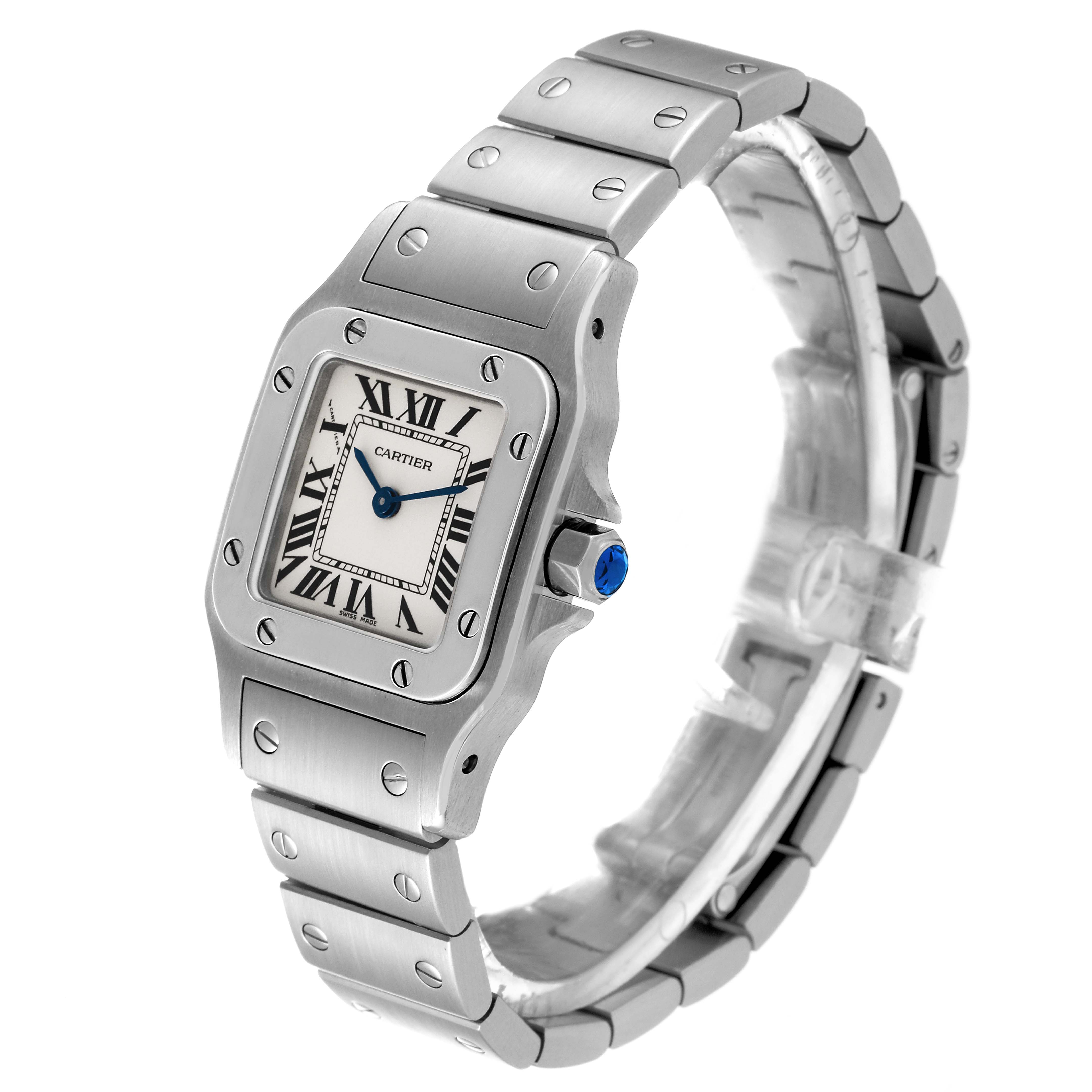 The image shows a Cartier Santos W20056D6 Women's Stainless Steel Silver Dial W20056D6 Women's Stainless Steel Silver Dial watch at a three-quarter angle, highlighting the face, bezel, bracelet, and crown.