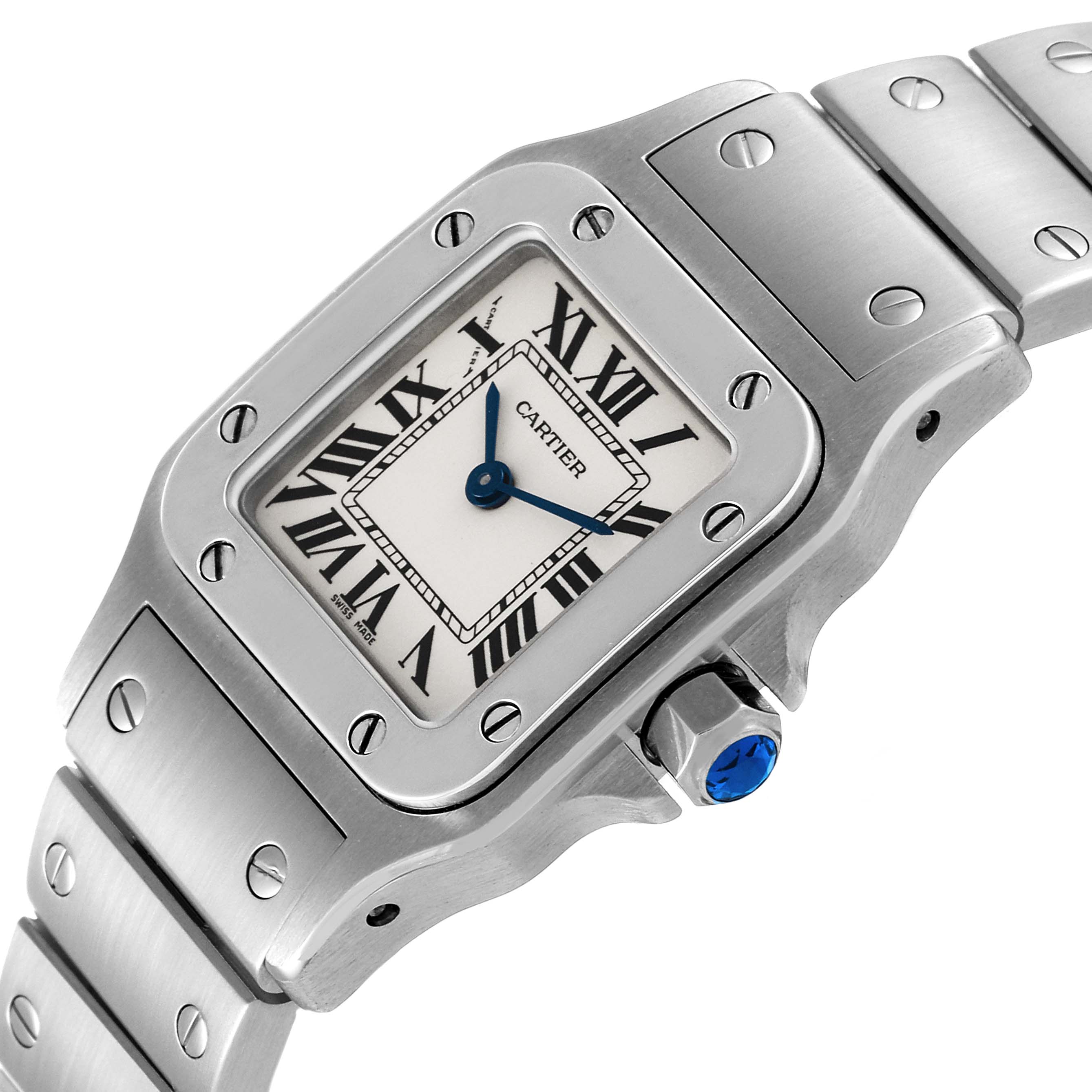 The image shows a close-up angled view of the Cartier Santos W20056D6 Women's Stainless Steel Silver Dial W20056D6 Women's Stainless Steel Silver Dial watch, highlighting the face, bezel, and part of the bracelet.