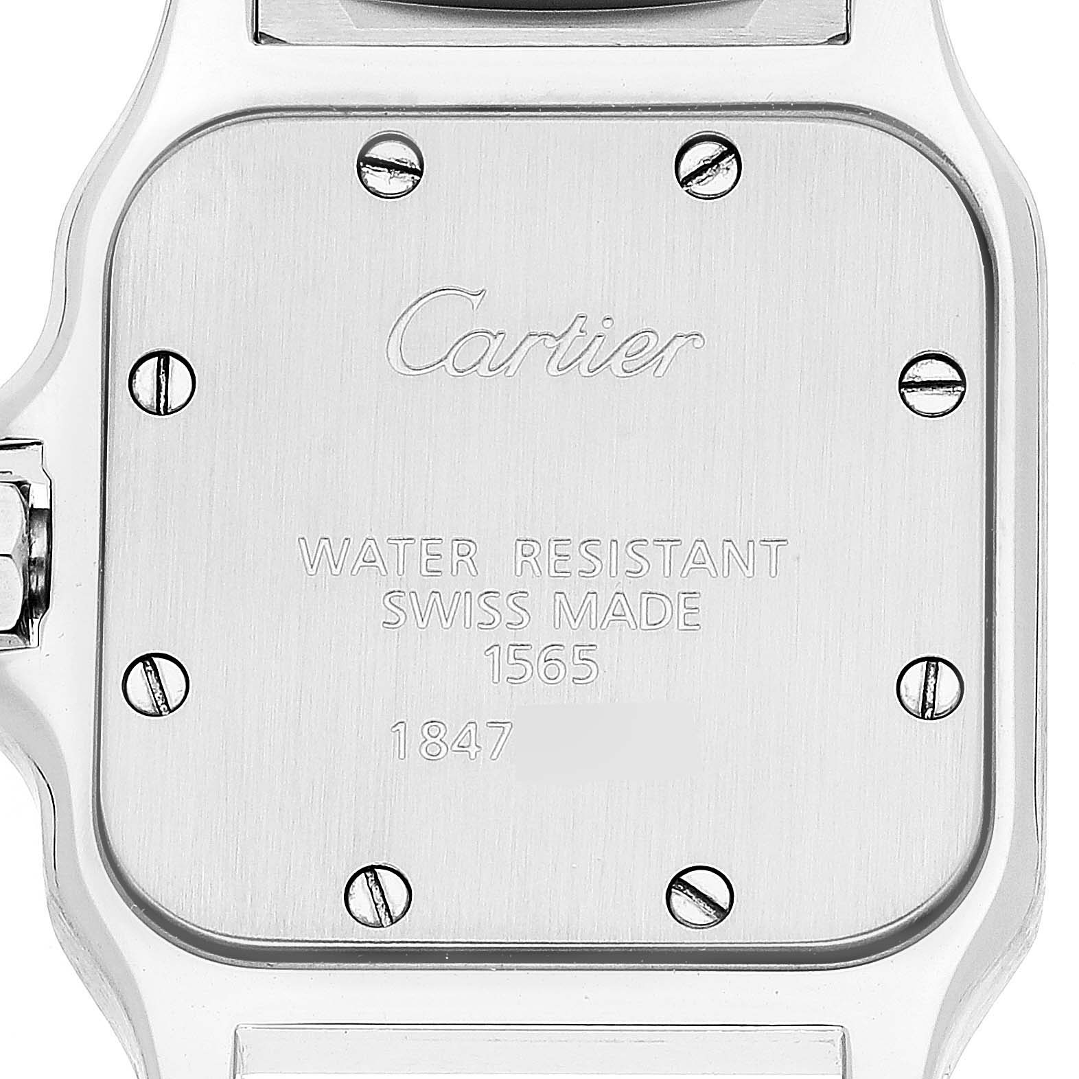 The image shows the back case of a Cartier Santos W20056D6 Women's Stainless Steel Silver Dial W20056D6 Women's Stainless Steel Silver Dial model watch, highlighting its water resistance and Swiss-made engravings.