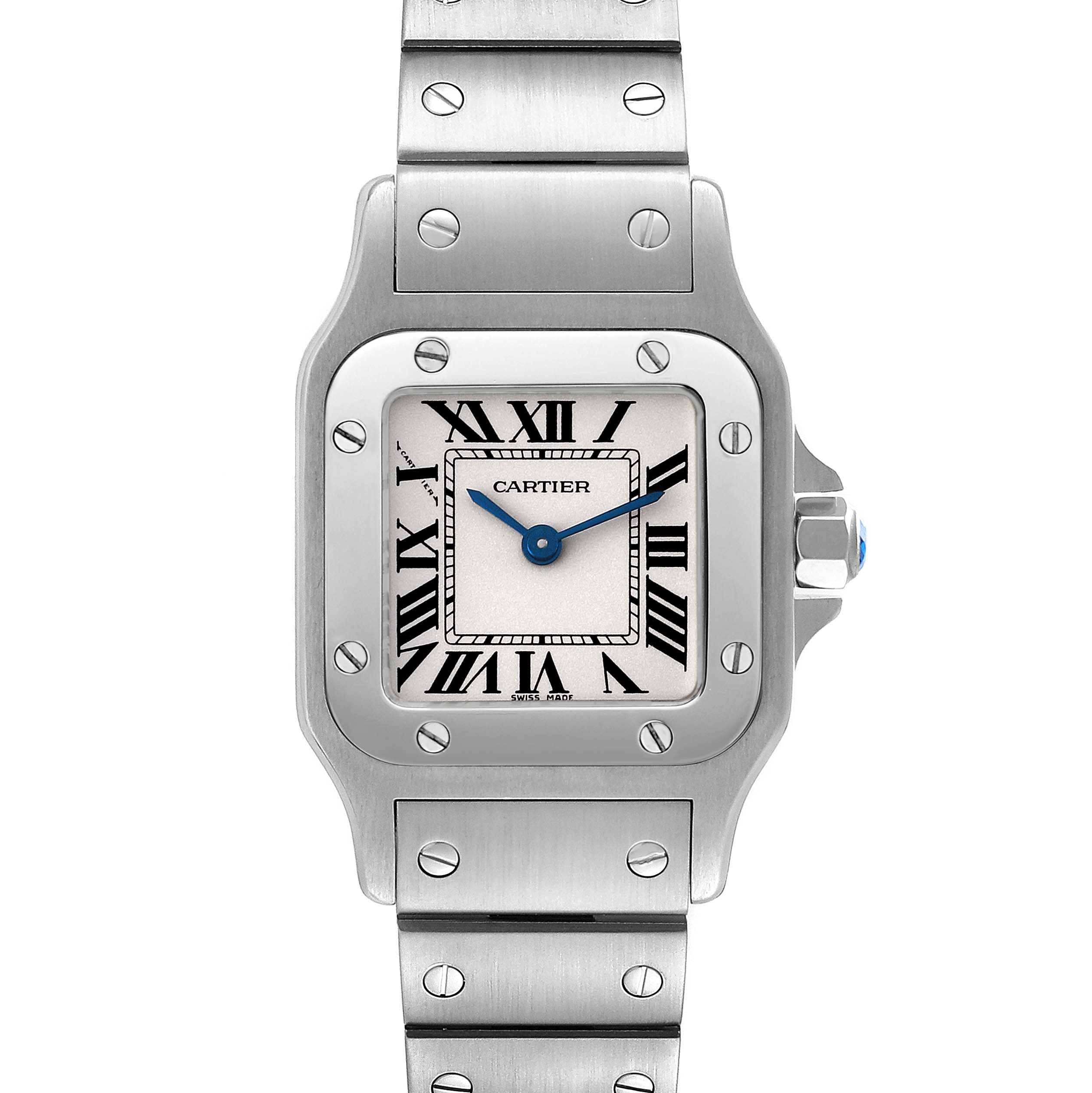 This image shows a Cartier Santos W20056D6 Women's Stainless Steel Silver Dial W20056D6 Women's Stainless Steel Silver Dial watch front-facing, displaying its square dial, Roman numerals, and stainless steel bracelet.
