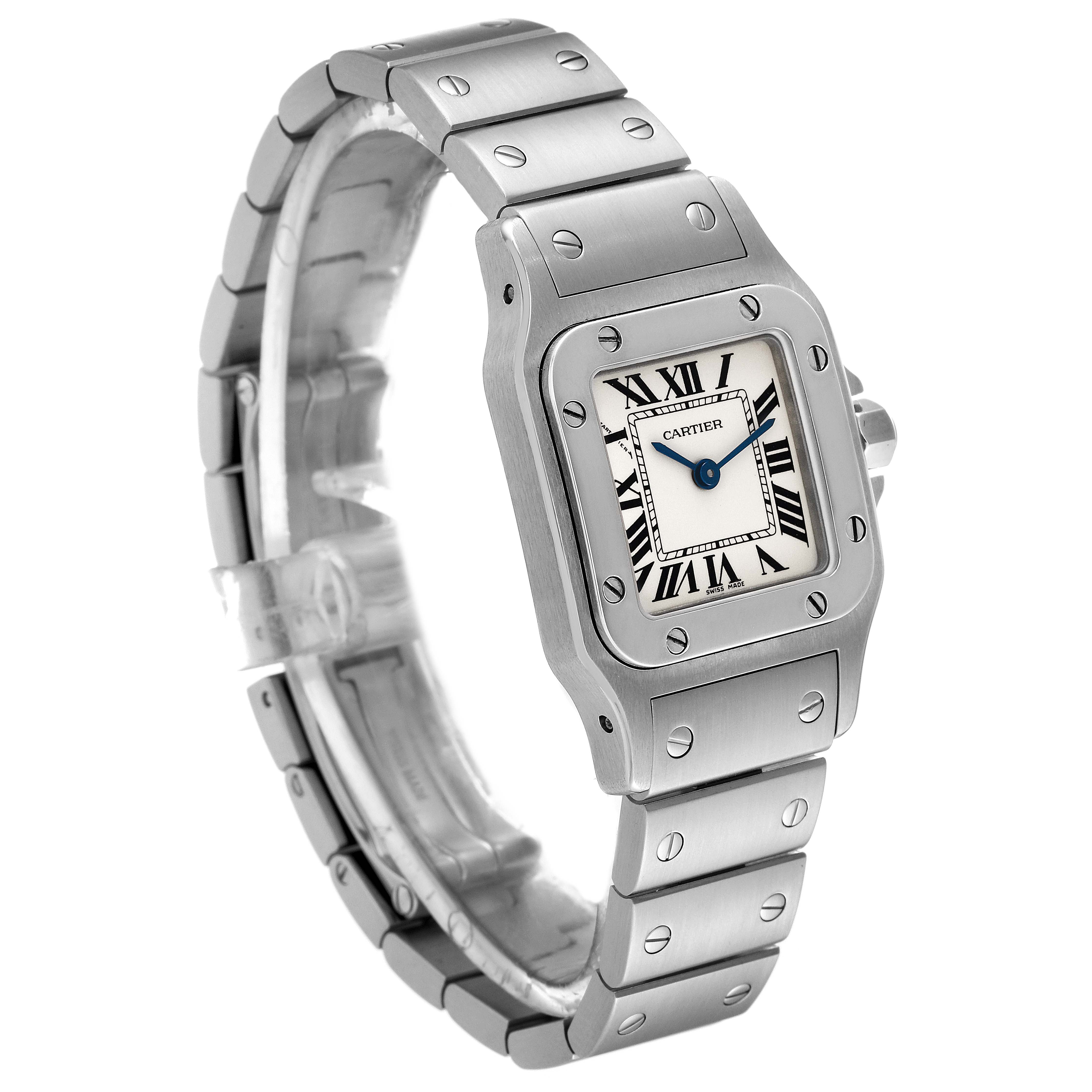 The Cartier Santos W20056D6 Women's Stainless Steel Silver Dial W20056D6 Women's Stainless Steel Silver Dial watch is shown at a three-quarter angle, displaying the dial, bezel, and metal bracelet.