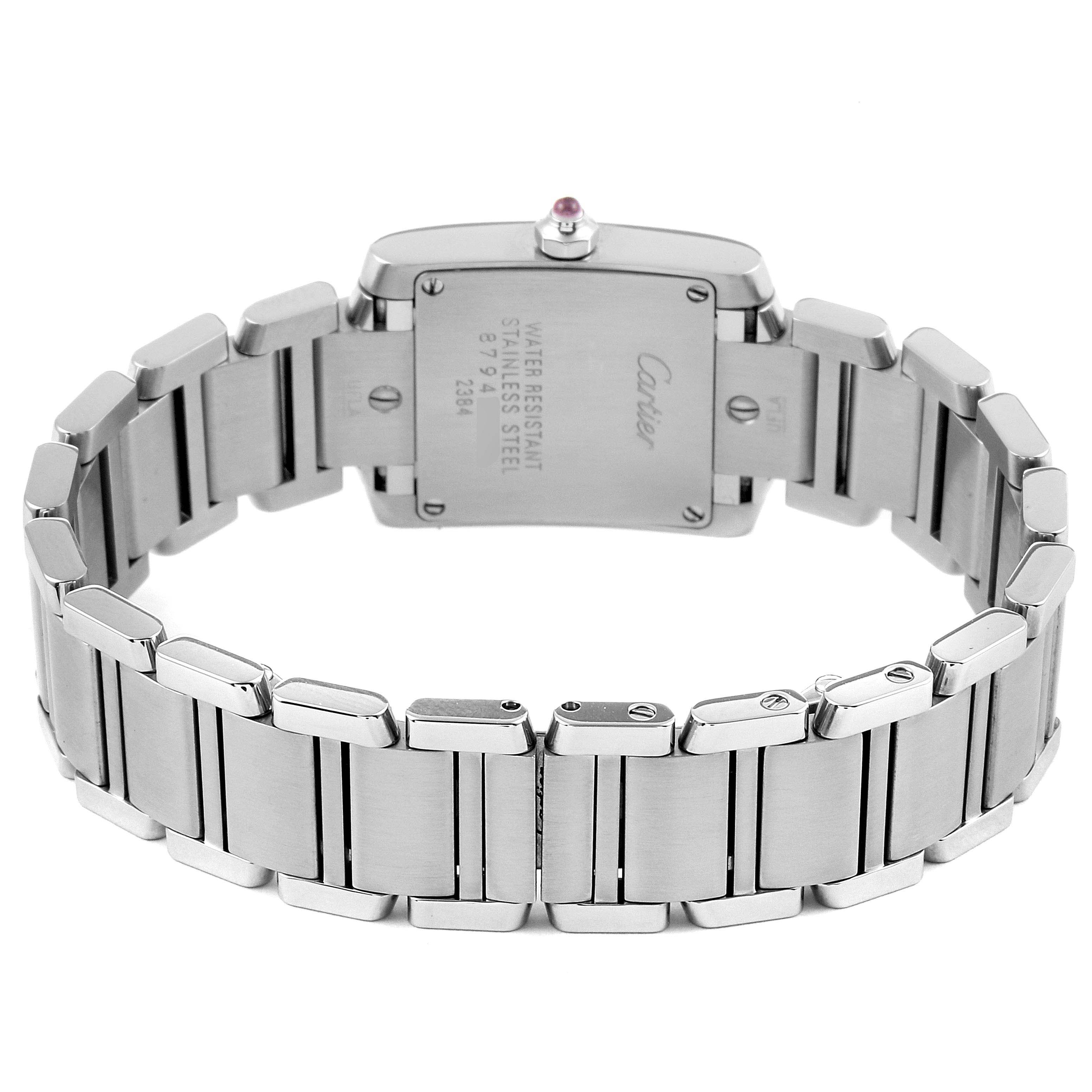 This image shows the back and stainless steel bracelet of a Cartier Tank Francaise W51028Q3 Women's Stainless Steel Mother of Pearl Dial W51028Q3 Women's Stainless Steel Mother of Pearl Dial watch.