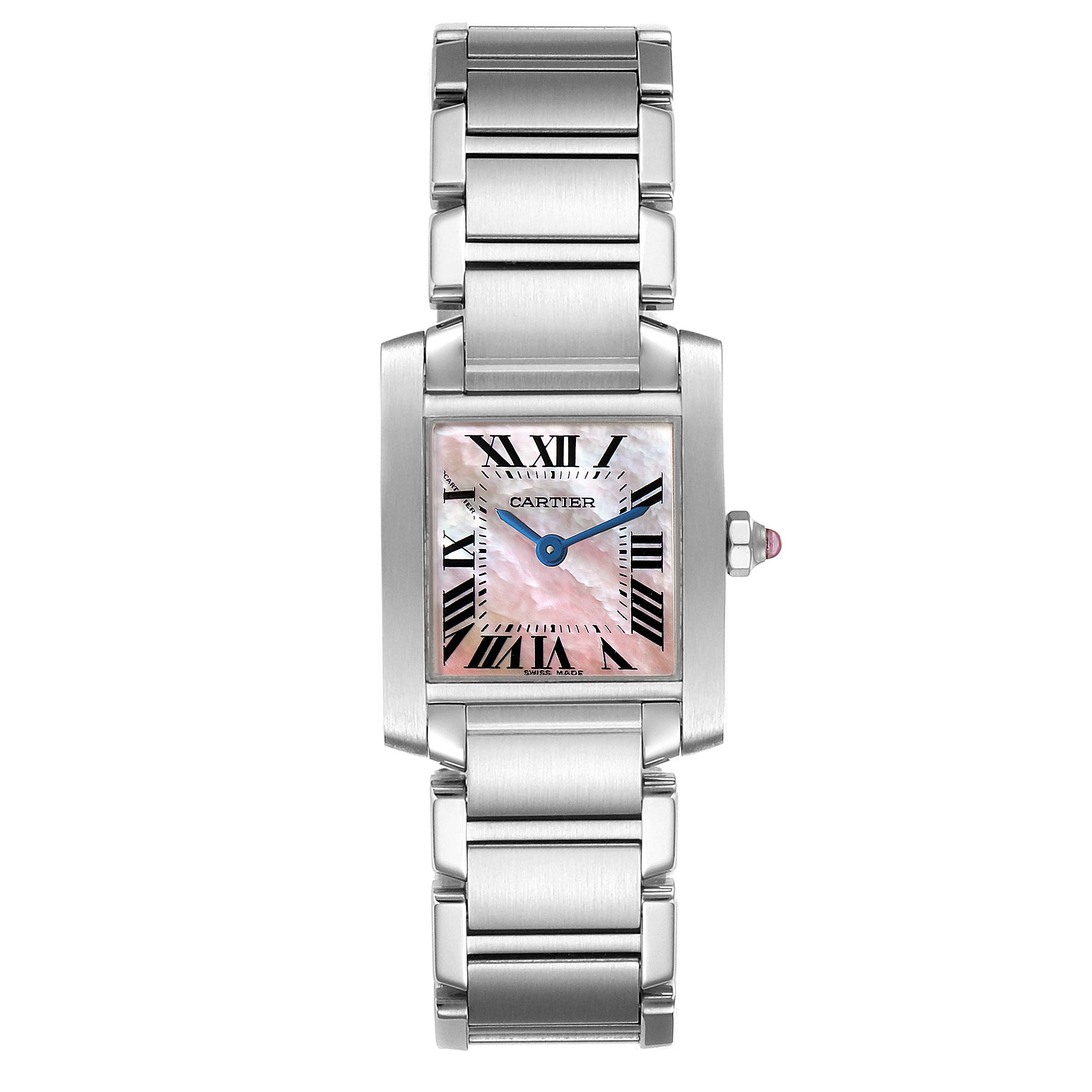 This image shows the front angle of the Cartier Tank Française watch, highlighting its rectangular face, bracelet, and crown.