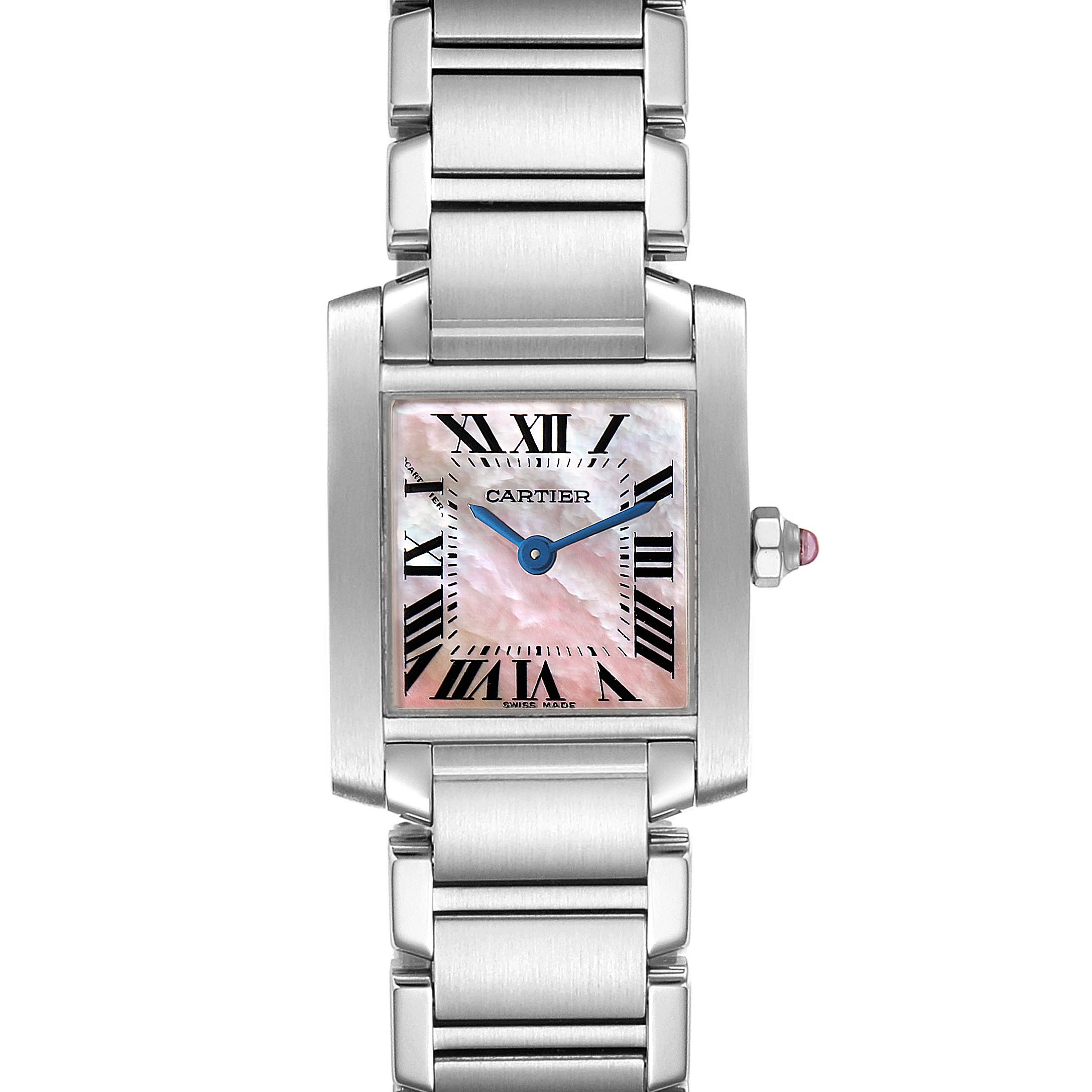 This is a front view of the Cartier Tank Francaise W51028Q3 Women's Stainless Steel Mother of Pearl Dial W51028Q3 Women's Stainless Steel Mother of Pearl Dial watch, showing the dial, hands, bracelet, and crown.