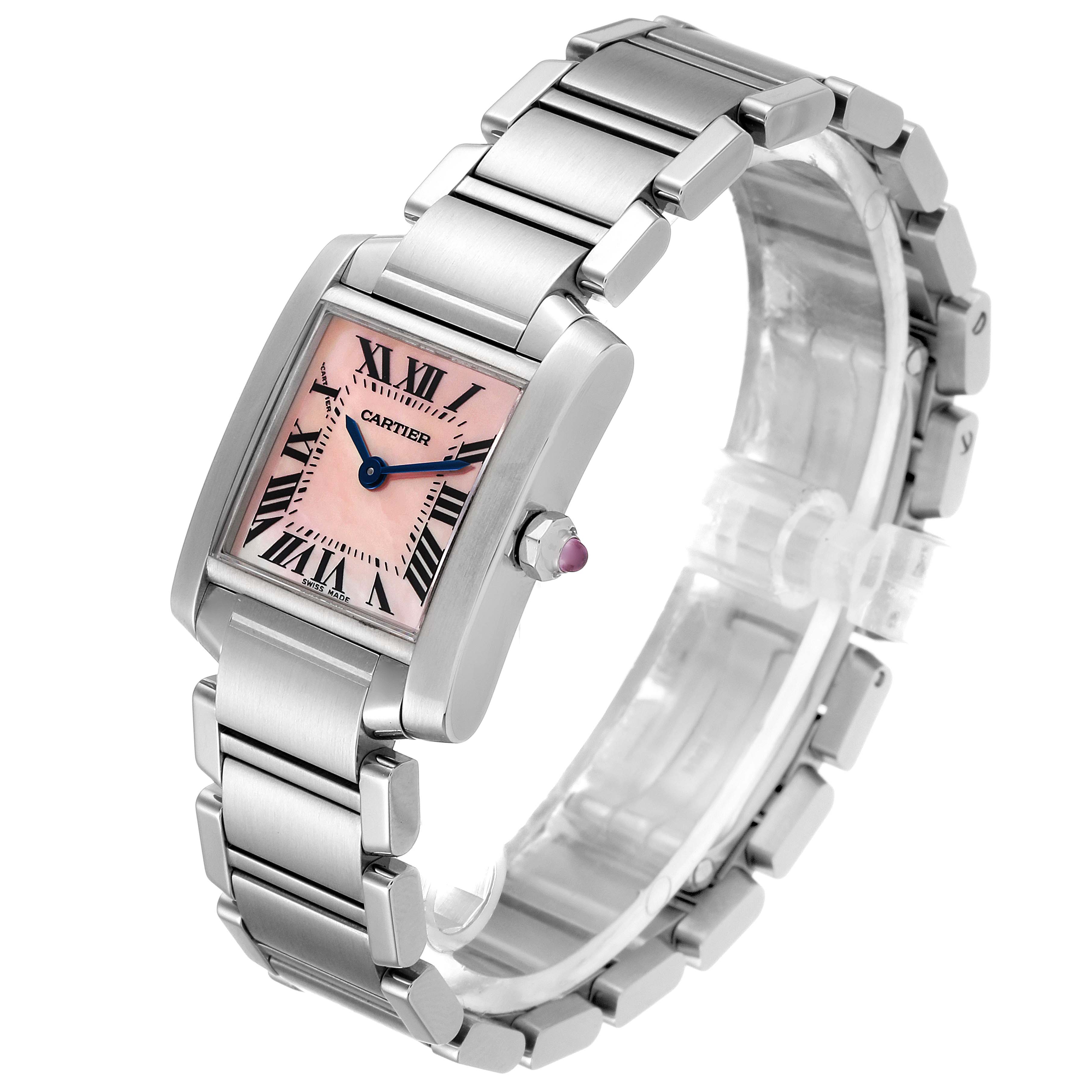 The image shows a front-side angle of a Tank Francaise watch by Cartier, highlighting the bracelet and face with Roman numerals.