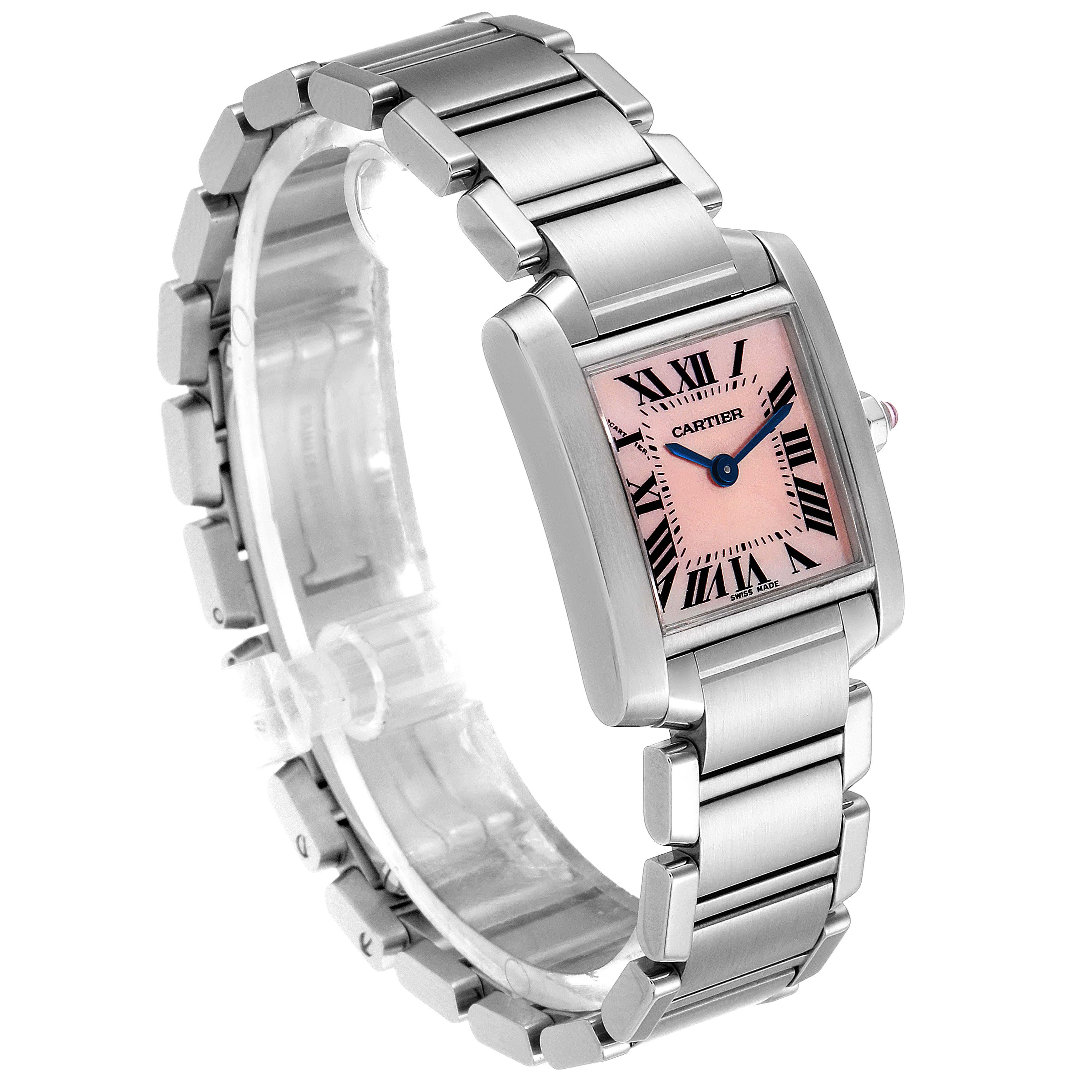 The Cartier Tank Francaise W51028Q3 Women's Stainless Steel Mother of Pearl Dial W51028Q3 Women's Stainless Steel Mother of Pearl Dial watch is shown from a three-quarter angle, displaying the face, bracelet, and crown.