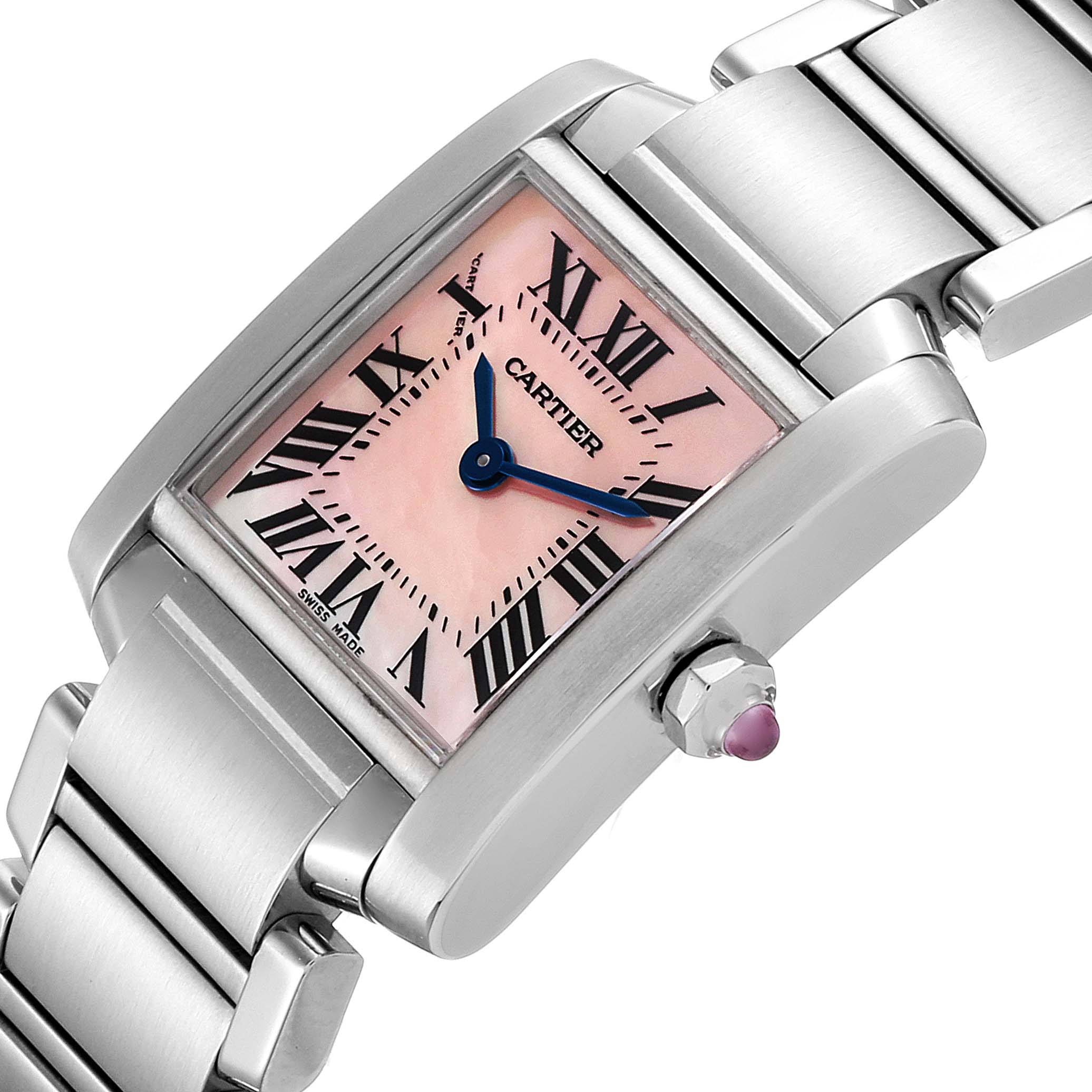 The image shows a close-up angle of the Cartier Tank Francaise W51028Q3 Women's Stainless Steel Mother of Pearl Dial W51028Q3 Women's Stainless Steel Mother of Pearl Dial watch, highlighting its rectangular dial, bracelet, and crown.