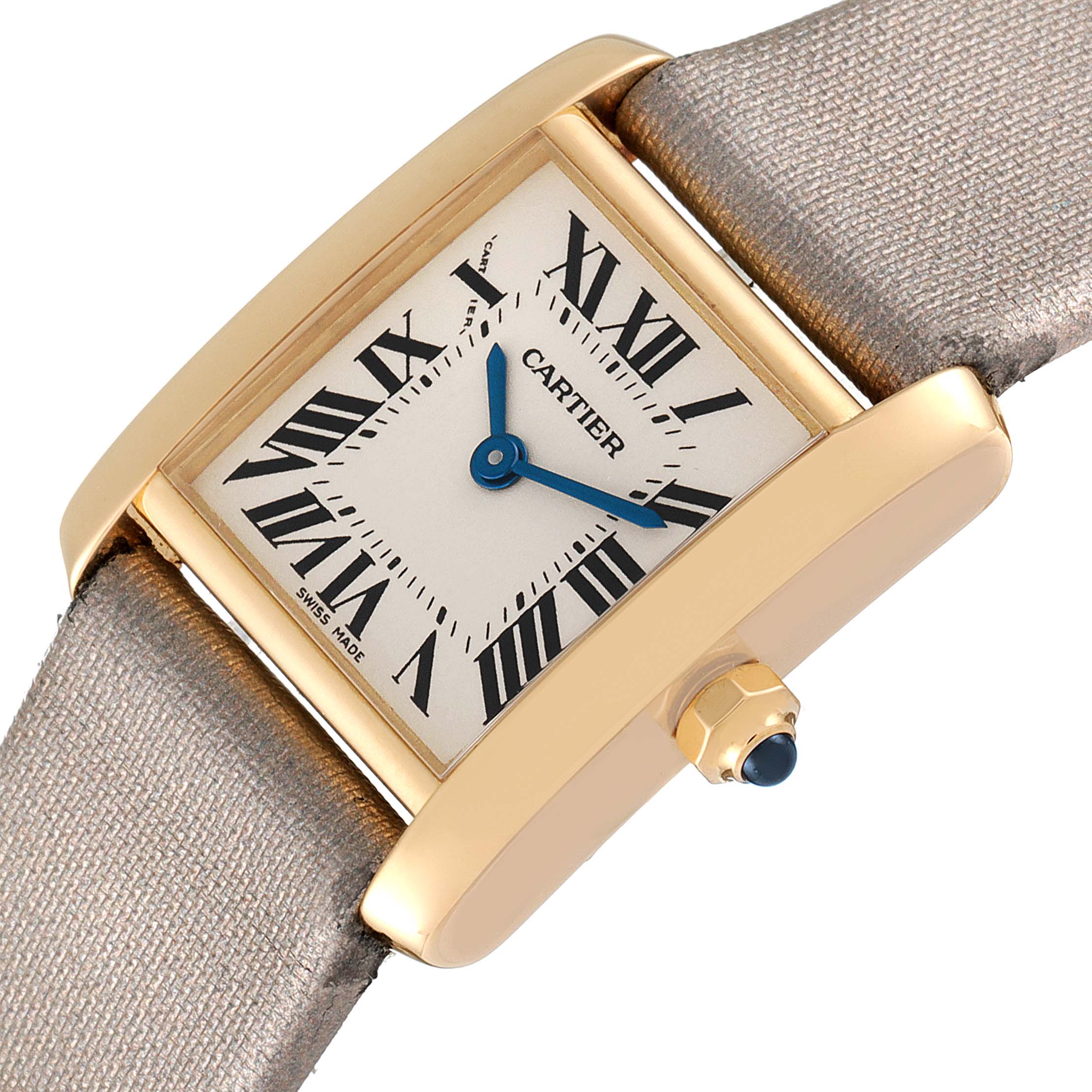 The image shows a close-up angle of the face and crown of a Cartier Tank Francaise W5000256 Women
s Yellow Gold Silver Dial W5000256 Women
s Yellow Gold Silver Dial watch.