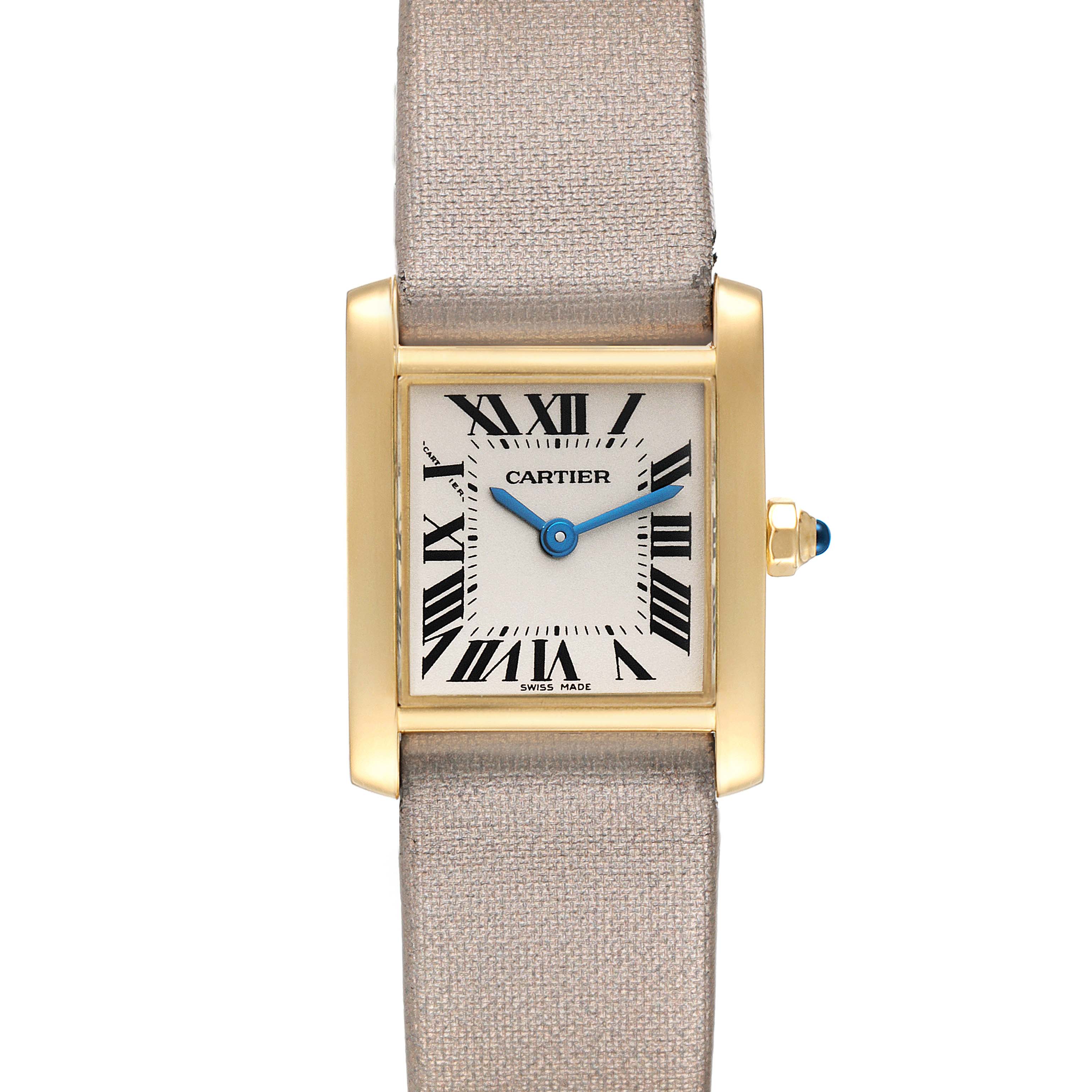 This image shows a front view of the Cartier Tank Francaise W5000256 Women
s Yellow Gold Silver Dial W5000256 Women
s Yellow Gold Silver Dial watch, highlighting the face, dial, case, and part of the strap.