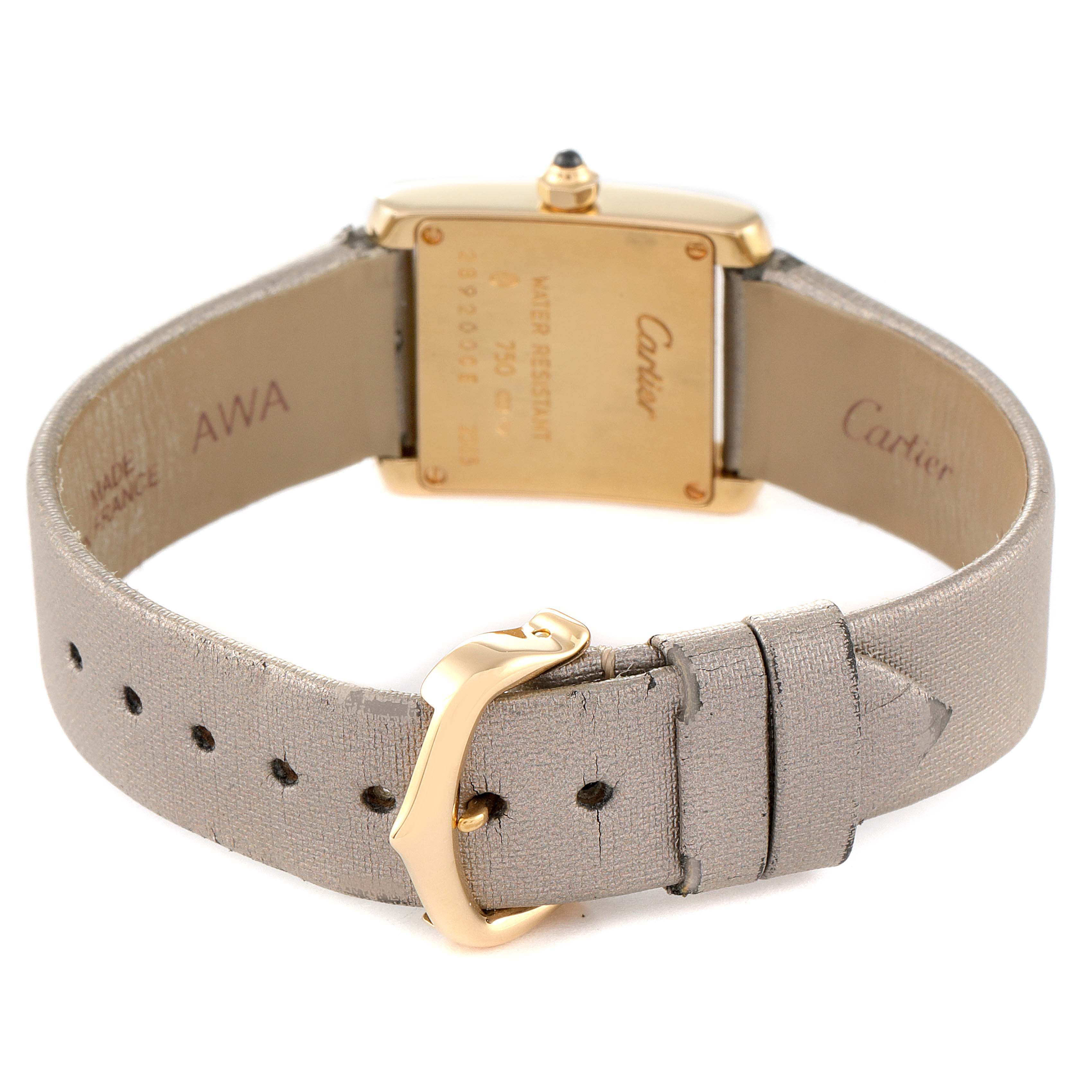 The image shows the back and strap of a Cartier Tank Francaise W5000256 Women
s Yellow Gold Silver Dial W5000256 Women
s Yellow Gold Silver Dial watch, highlighting the clasp and case back details.