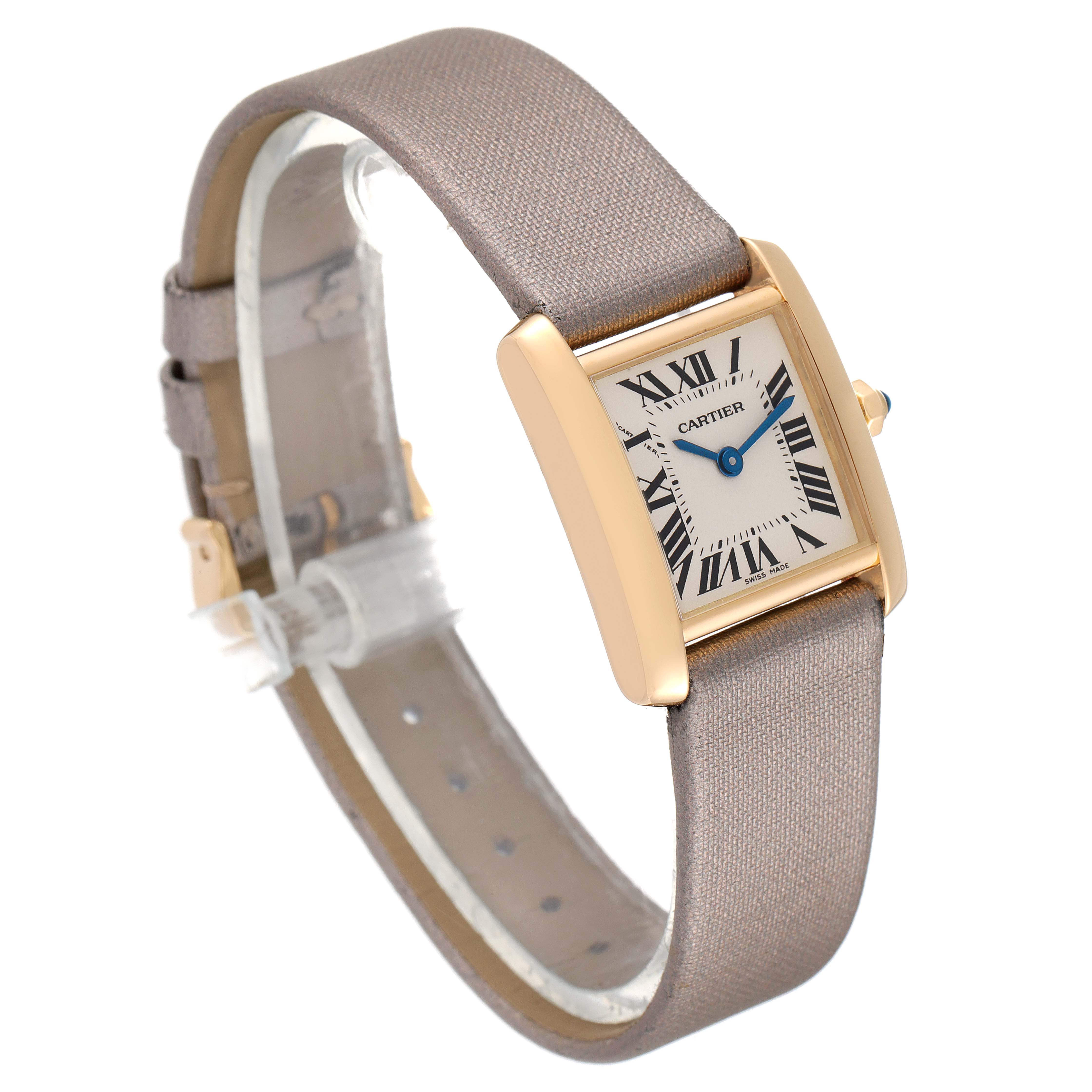 The Cartier Tank Francaise W5000256 Women
s Yellow Gold Silver Dial W5000256 Women
s Yellow Gold Silver Dial watch is shown at a front angle, displaying the face, strap, and gold case.