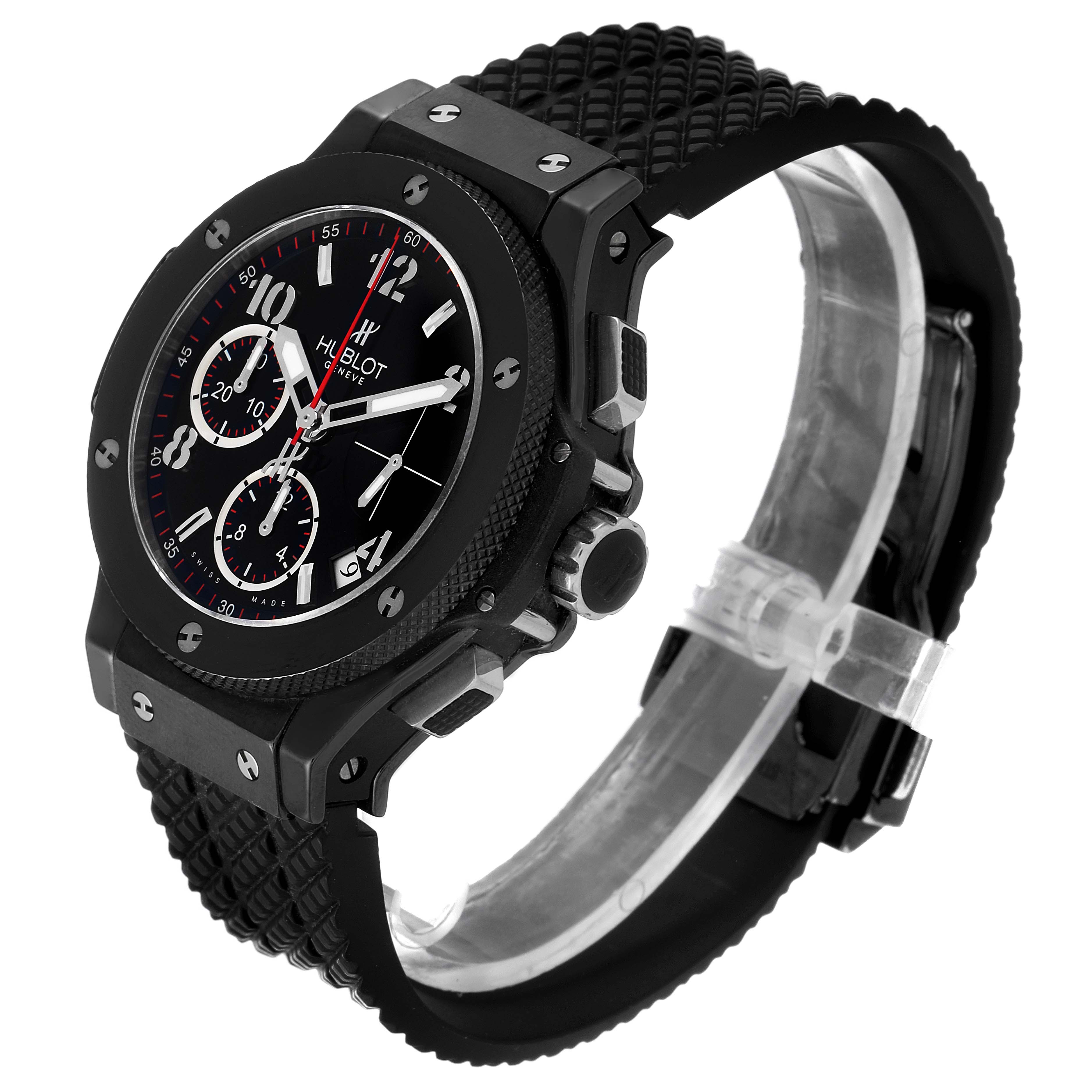 The Hublot Big Bang 342.CX.130.RX Men's Ceramic Black Dial 342.CX.130.RX Men's Ceramic Black Dial watch is shown at a three-quarter angle featuring its face, side buttons, and textured strap.