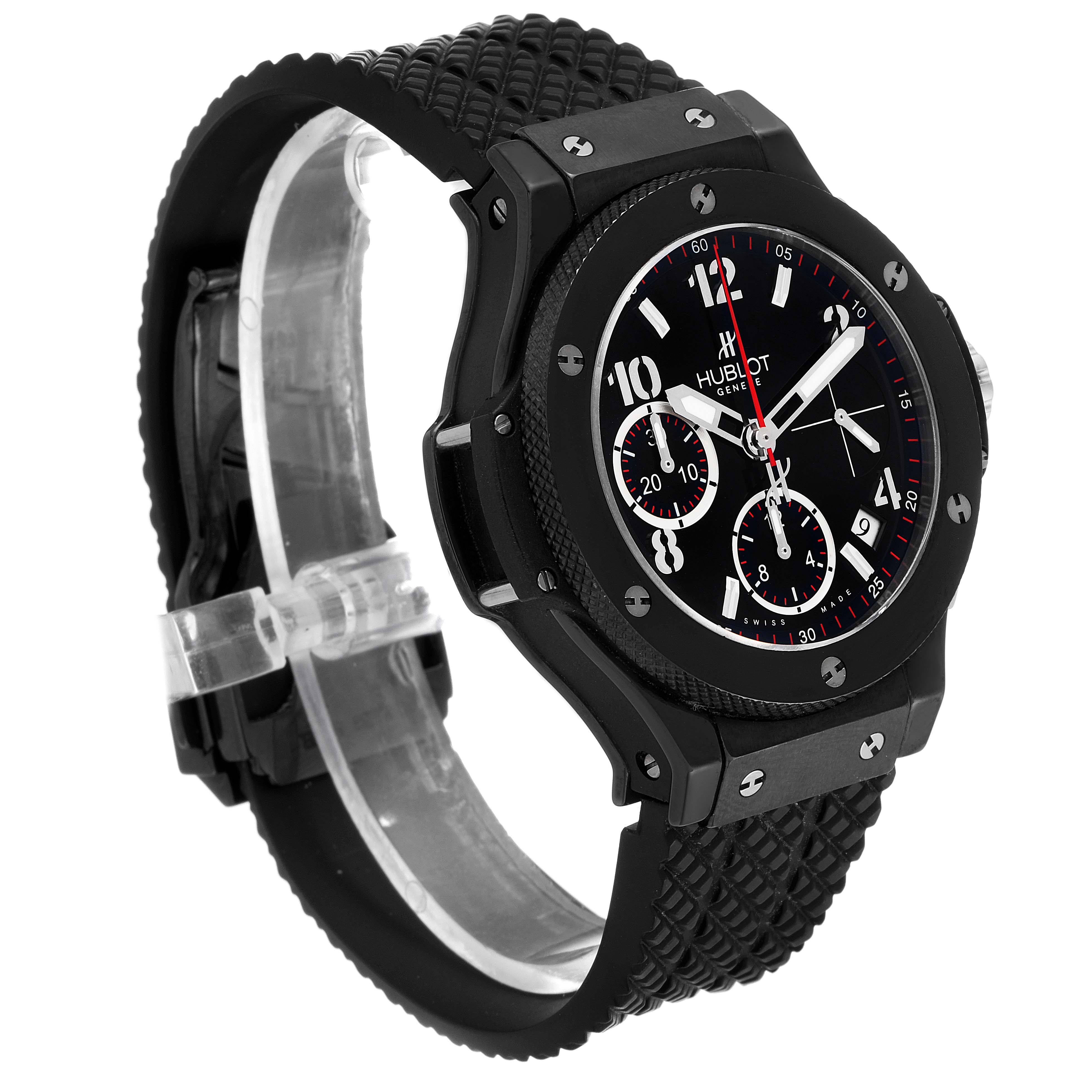 This image shows a side-angle view of the Hublot Big Bang 342.CX.130.RX Men's Ceramic Black Dial 342.CX.130.RX Men's Ceramic Black Dial watch, highlighting its black bezel, dial, and strap.