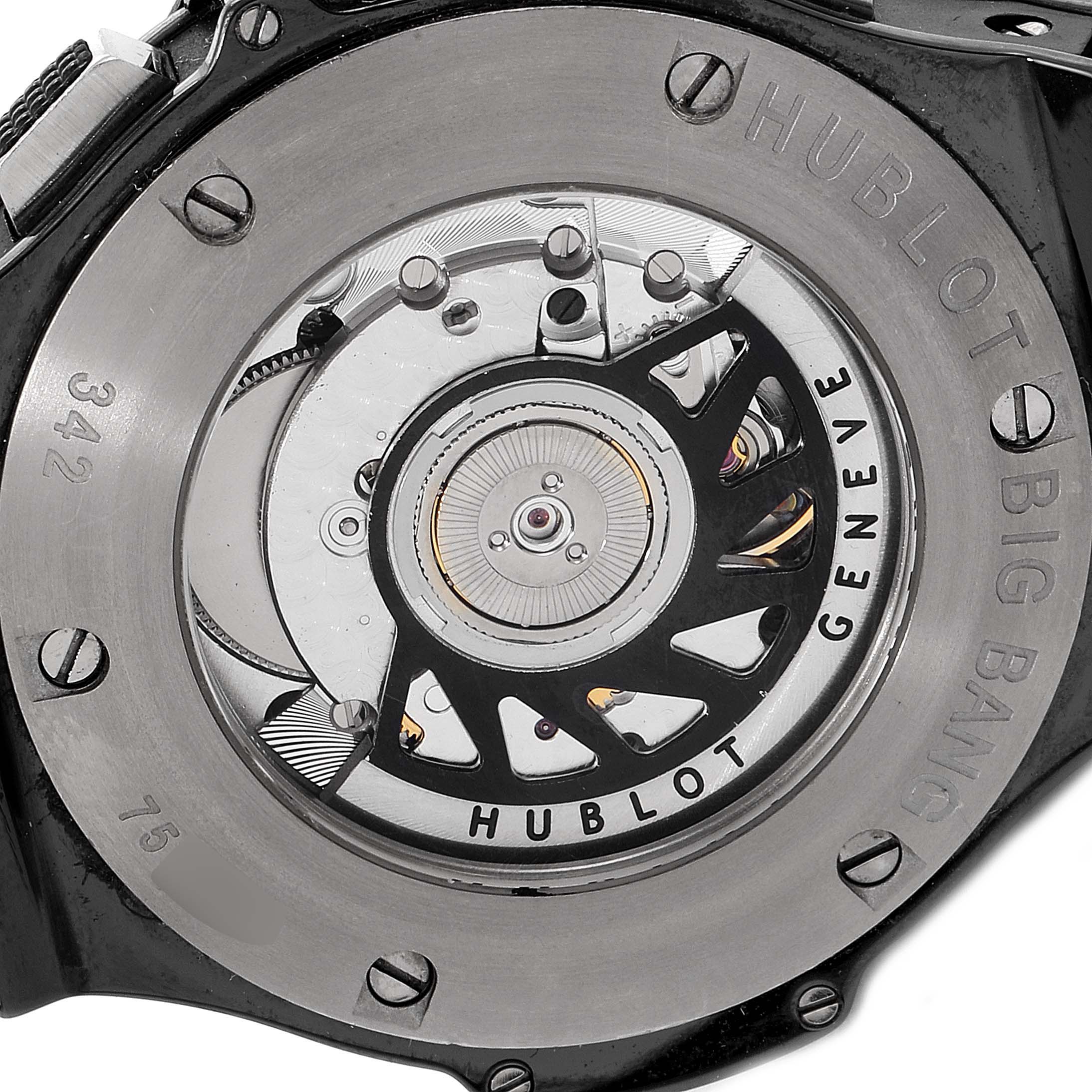 The image shows the back of a Hublot Big Bang 342.CX.130.RX Men's Ceramic Black Dial 342.CX.130.RX Men's Ceramic Black Dial watch, highlighting its movement and rotor through the exhibition case back.