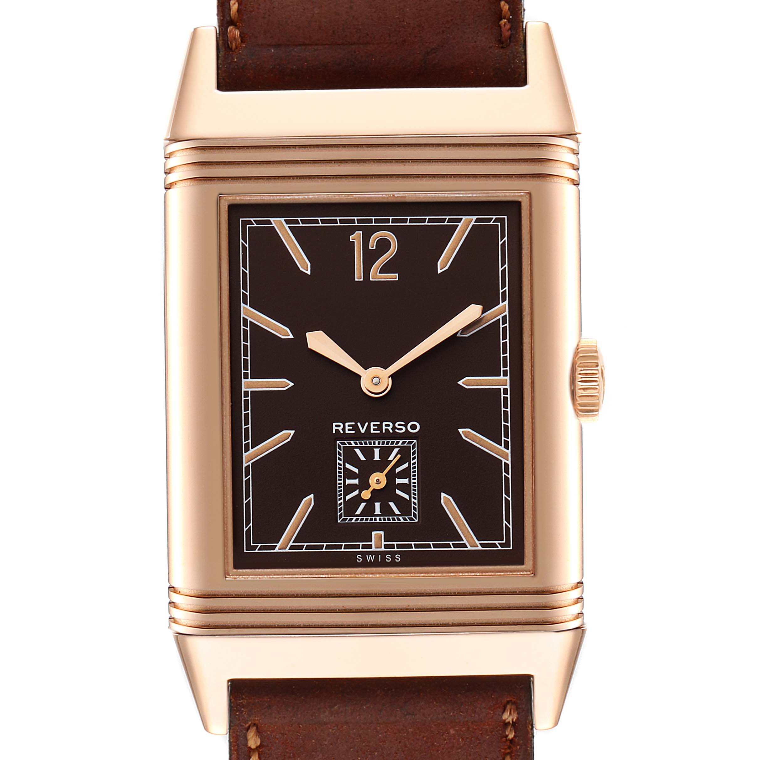 The image shows a front view of the Jaeger LeCoultre Reverso Q2782560 Men's Rose Gold Brown Dial Q2782560 Men's Rose Gold Brown Dial watch, displaying the face, hands, case, and part of the leather strap.