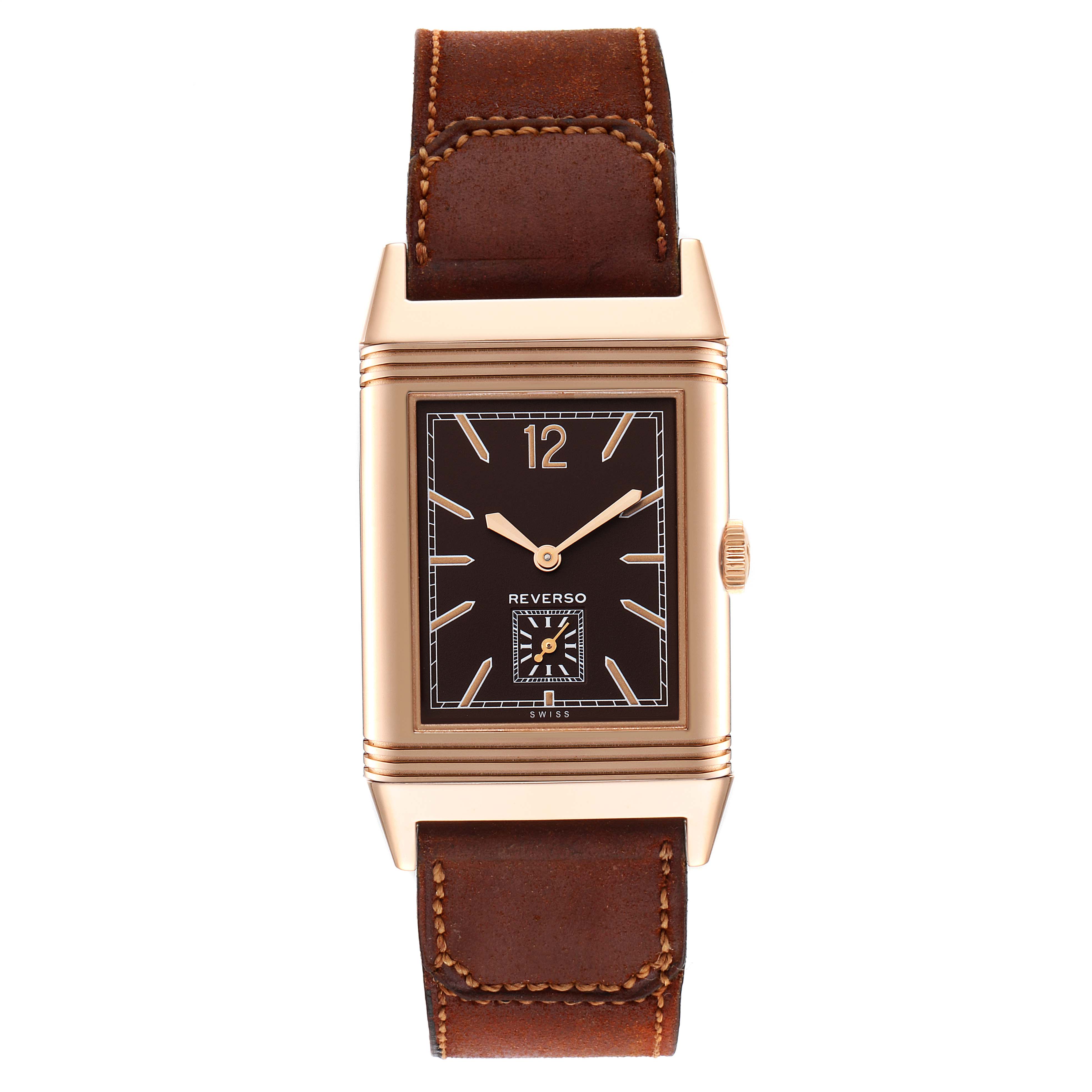The image shows a Jaeger LeCoultre Reverso Q2782560 Men's Rose Gold Brown Dial Q2782560 Men's Rose Gold Brown Dial watch from a top-down angle, featuring its brown leather strap and gold rectangular face.
