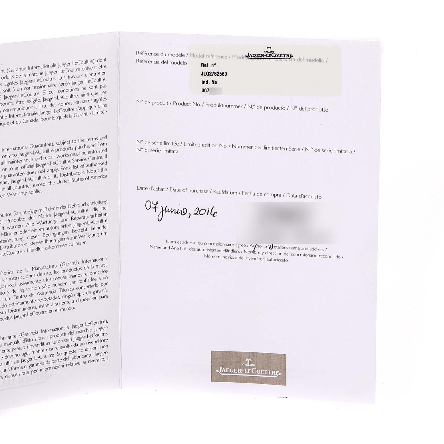 The image shows the warranty card for a Jaeger LeCoultre Reverso Q2782560 Men's Rose Gold Brown Dial Q2782560 Men's Rose Gold Brown Dial model watch, including model information and date of purchase details.