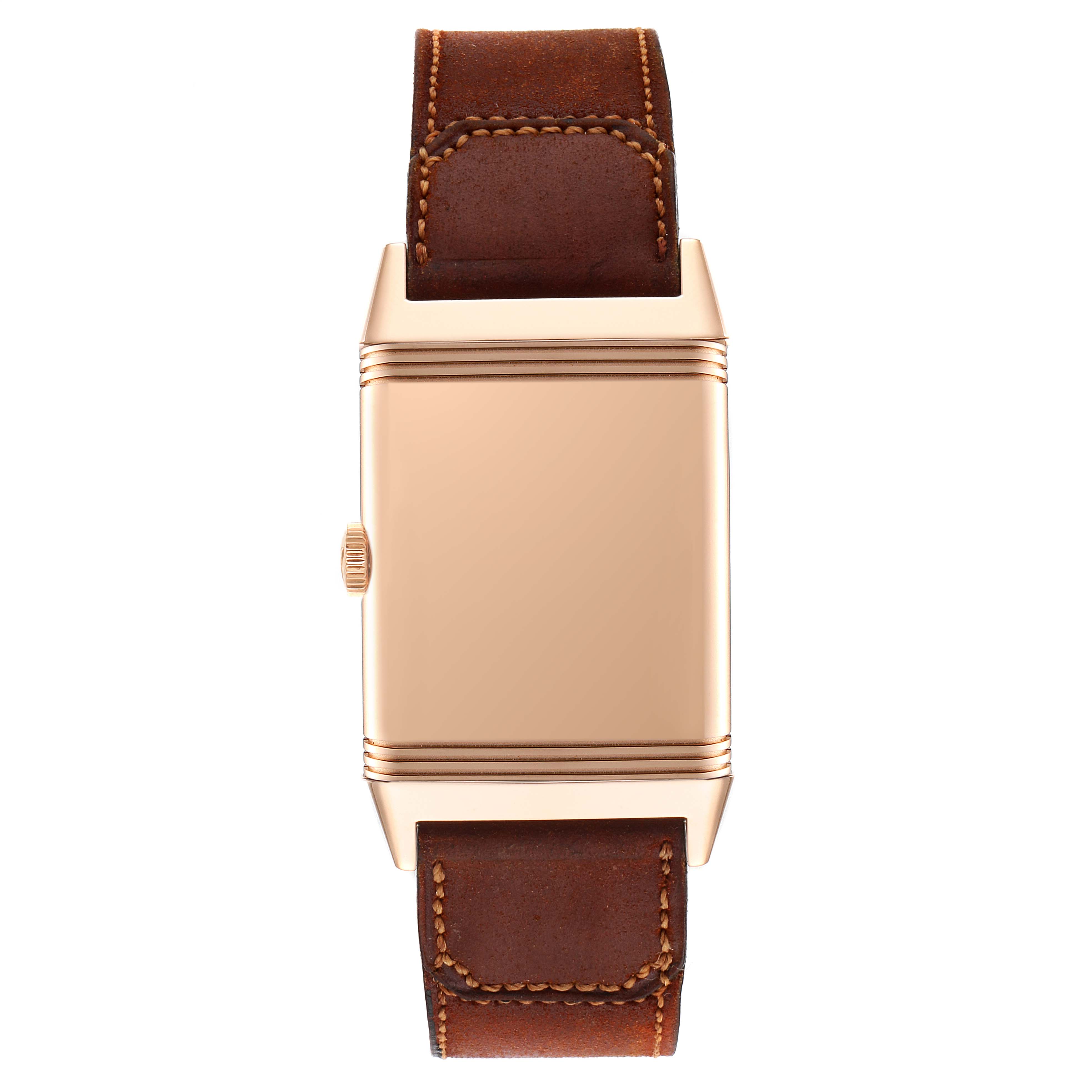 This image shows the back view of a Jaeger LeCoultre Reverso Q2782560 Men's Rose Gold Brown Dial Q2782560 Men's Rose Gold Brown Dial watch with a brown leather strap.