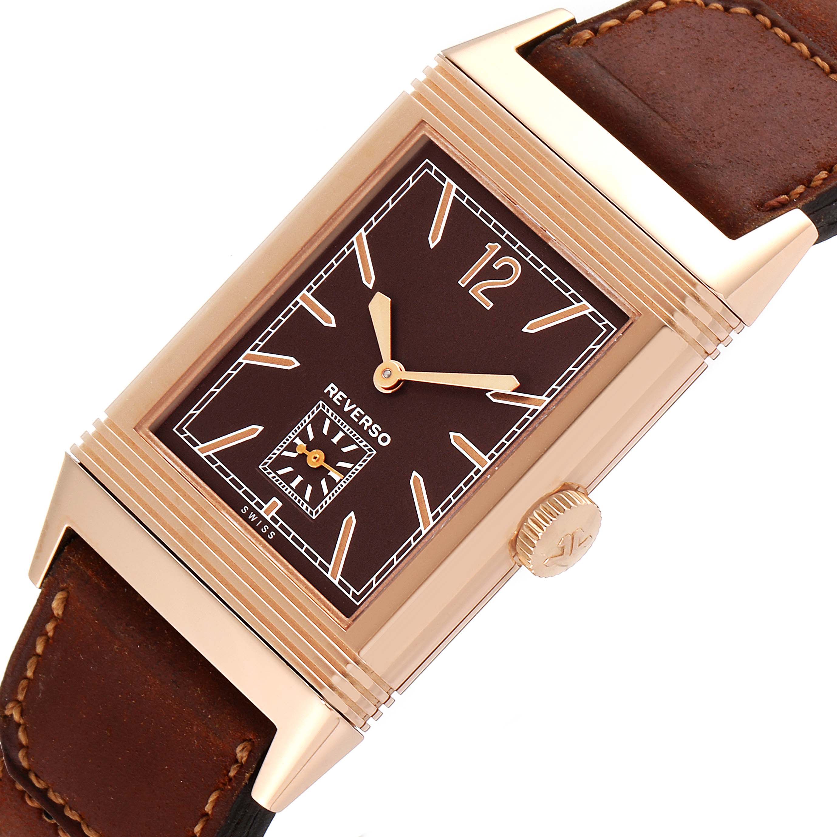 The image shows a close-up of the front face and crown of a Jaeger-LeCoultre Reverso watch with a brown dial and leather strap.