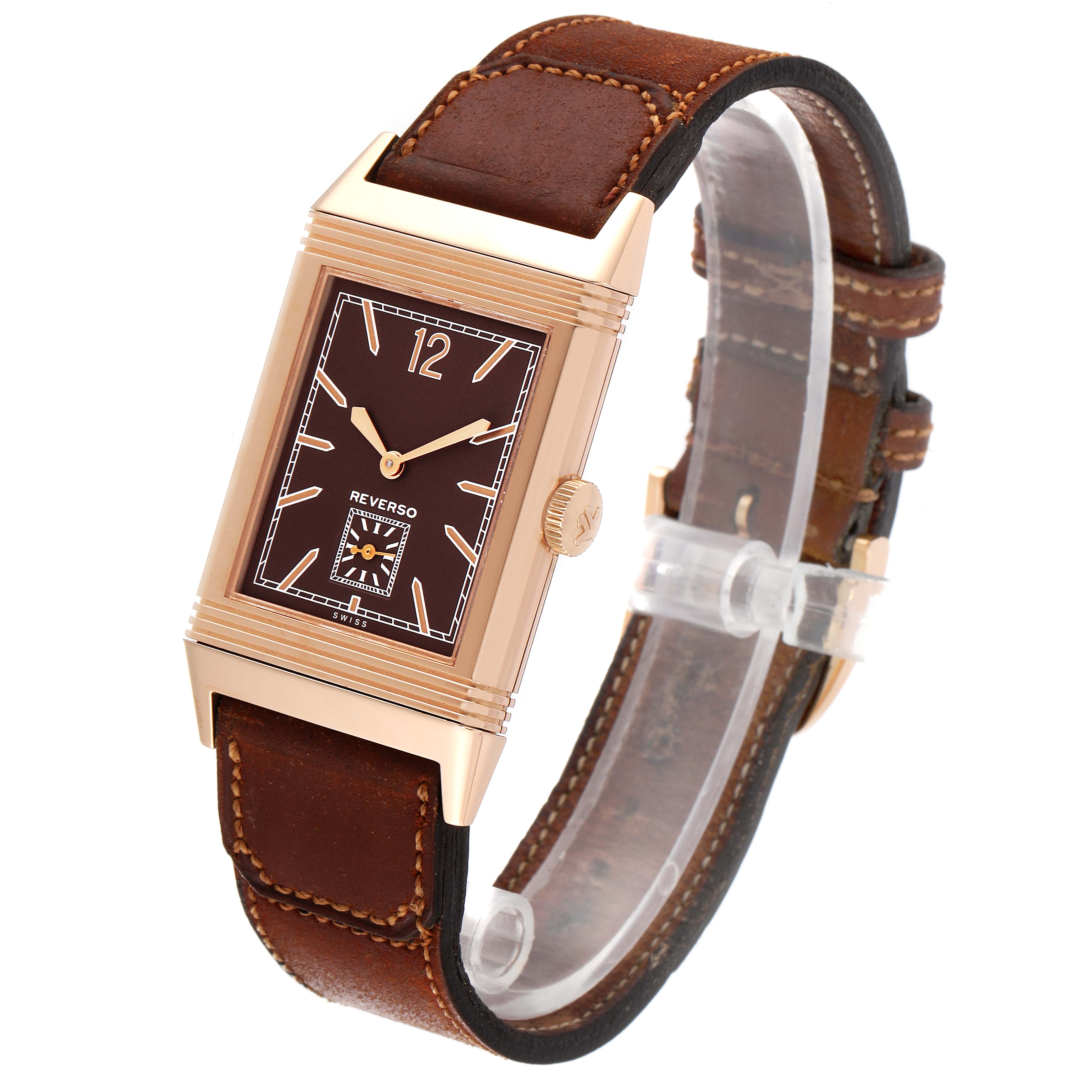 This image shows a Jaeger-LeCoultre Reverso watch at a front angle, featuring its rectangular case, dial, crown, and leather strap.