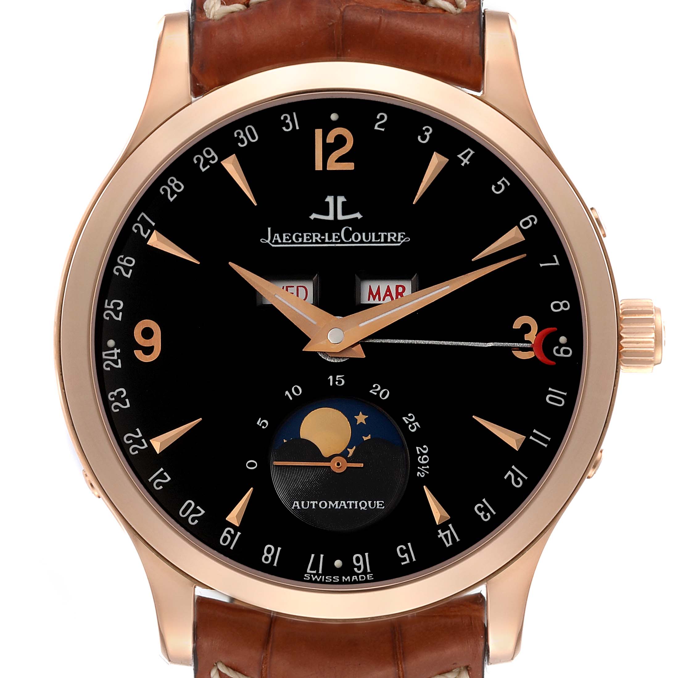 The image shows a front view of the Jaeger-LeCoultre Master model watch, highlighting the dial, hands, date, day, month, and moon phase indicators.
