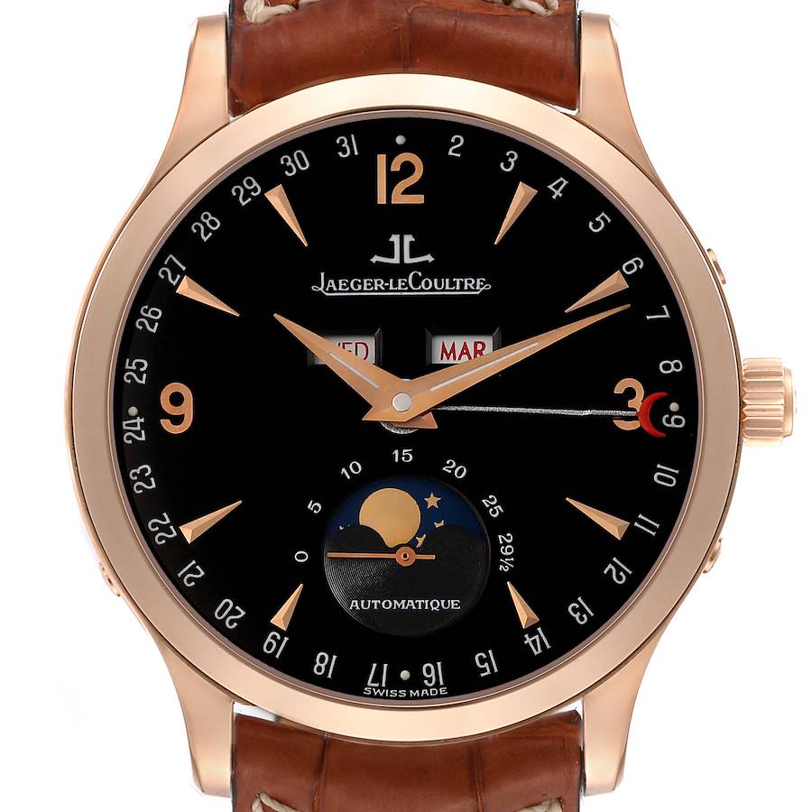 Jaeger Lecoultre Master Moonphase Rose Gold Mens Watch 140.2.98.S Box Papers SwissWatchExpo