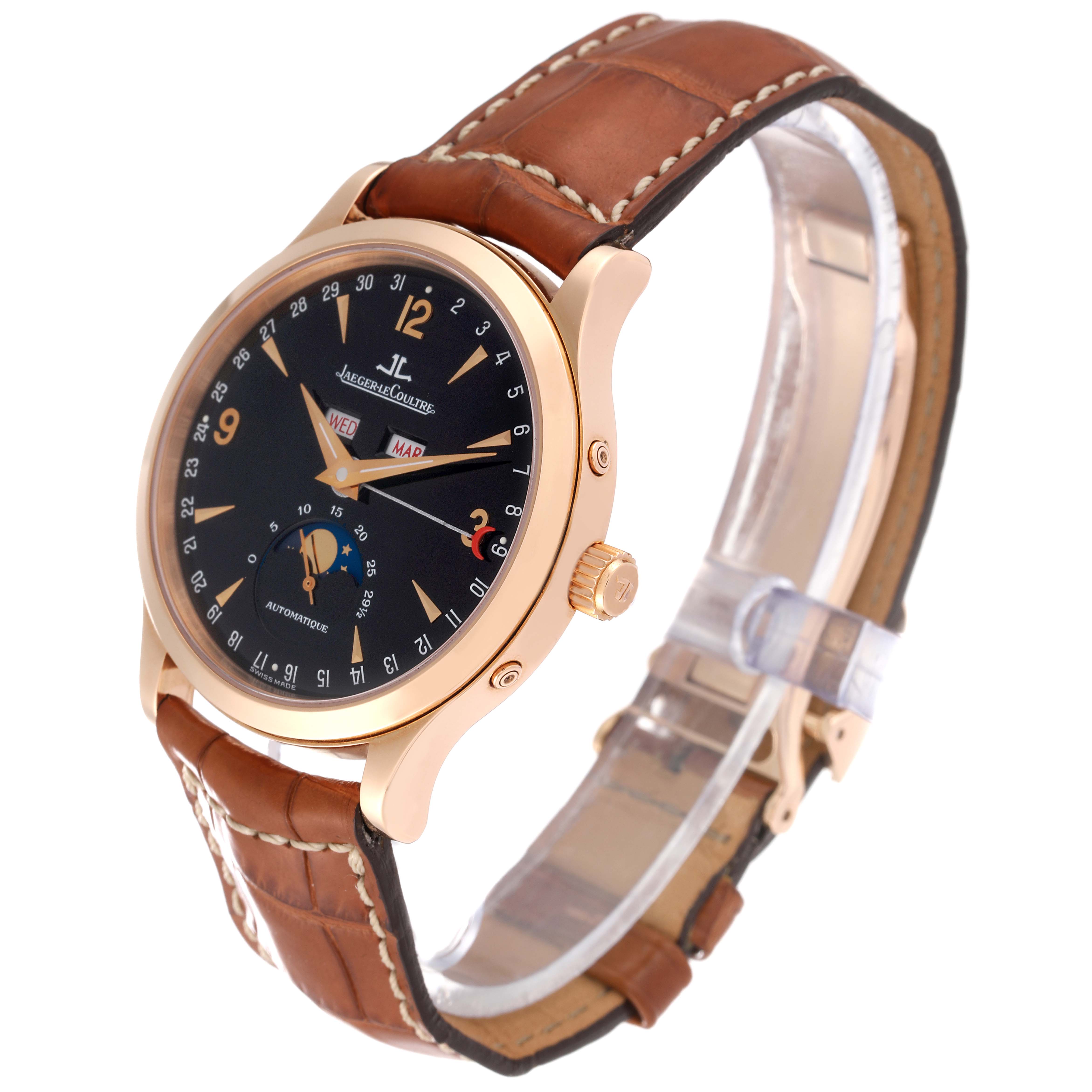 This Jaeger-LeCoultre Master model watch is shown from a front-right angle, highlighting the dial and leather strap.