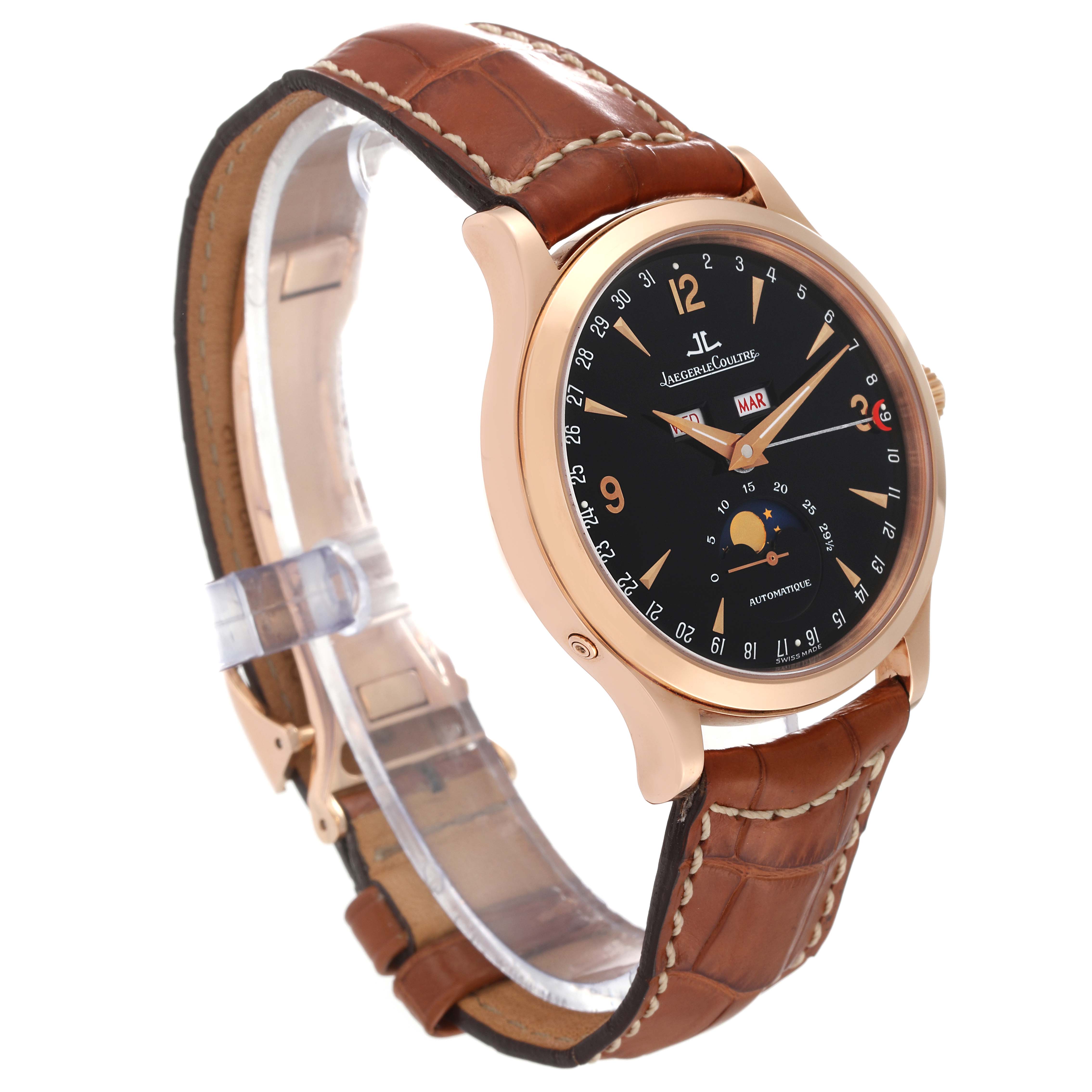 The image shows a Jaeger LeCoultre Master 140.240.987B Men's Rose Gold Black Dial 140.240.987B Men's Rose Gold Black Dial model watch at a 3/4 angle, highlighting its face, bezel, and leather strap.