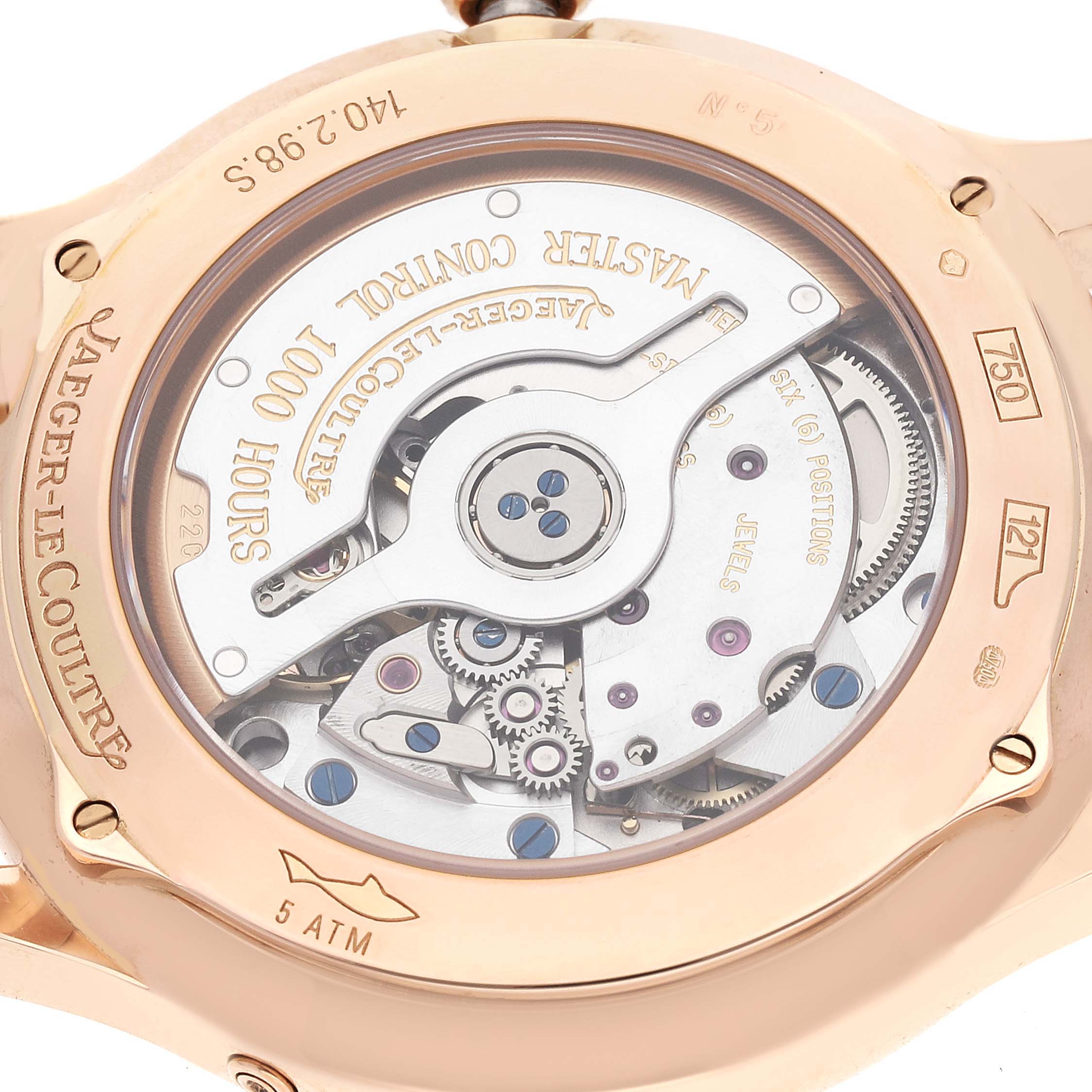 The image shows the back view of a Jaeger LeCoultre Master 140.240.987B Men's Rose Gold Black Dial 140.240.987B Men's Rose Gold Black Dial model watch, revealing its internal mechanical components.