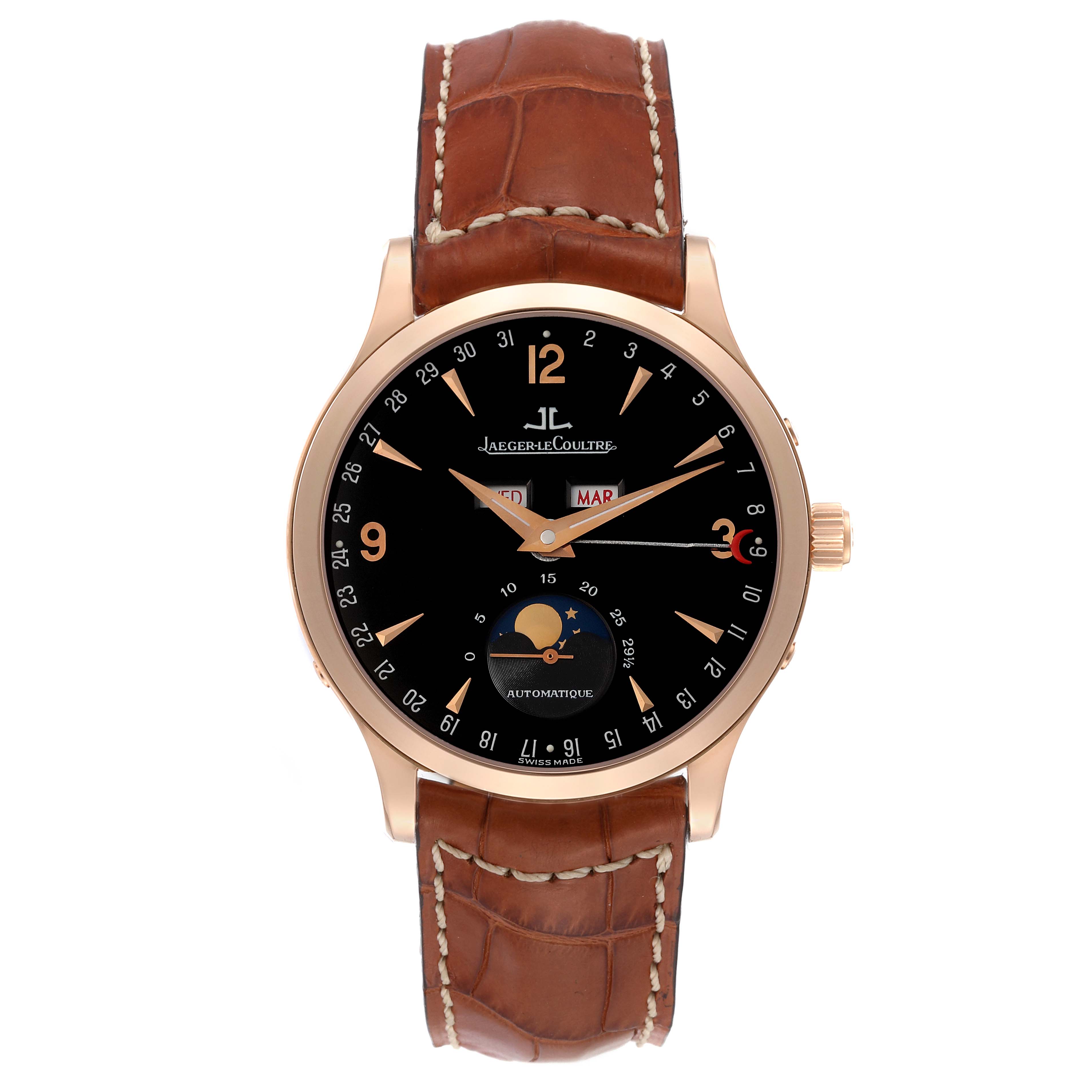 This image shows a frontal view of the Jaeger LeCoultre Master 140.240.987B Men's Rose Gold Black Dial 140.240.987B Men's Rose Gold Black Dial model watch, highlighting its dial, hour markers, hands, and leather strap.