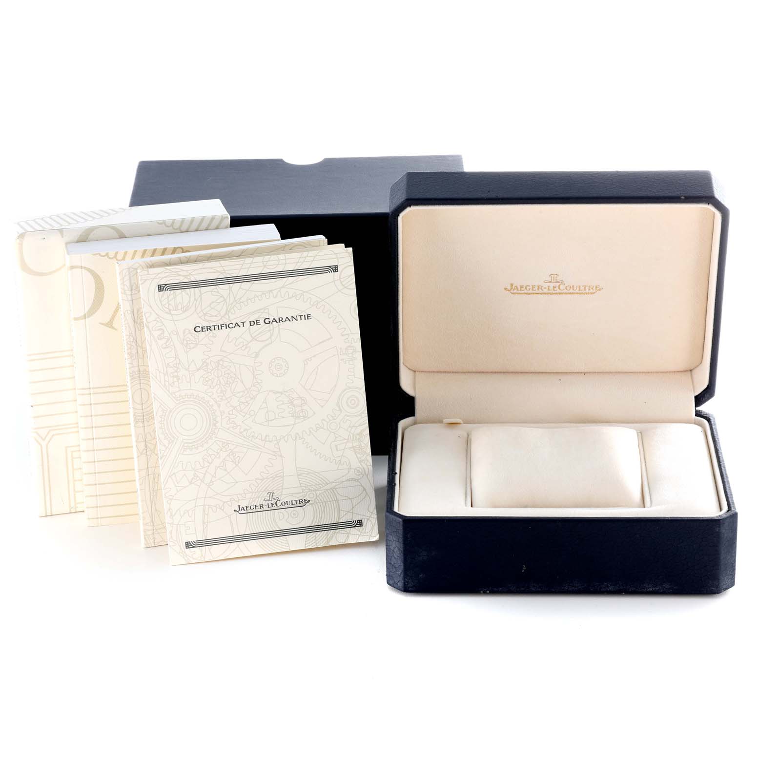 The image shows the Jaeger-LeCoultre Master model's presentation box, warranty certificate, and accompanying booklets.