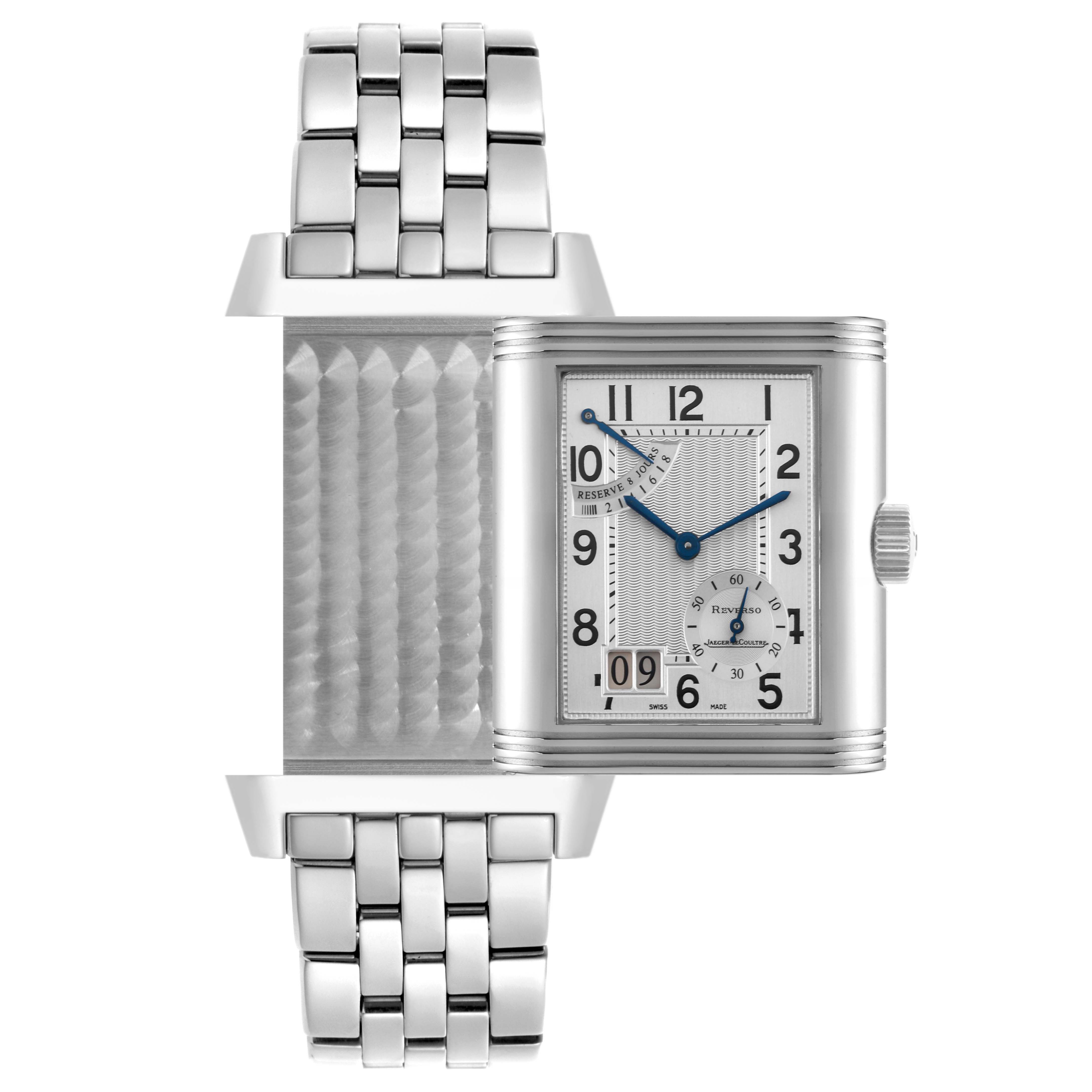The image shows a Jaeger-LeCoultre Reverso watch with its case partially slid out, displaying both the watch face and the reverse side.