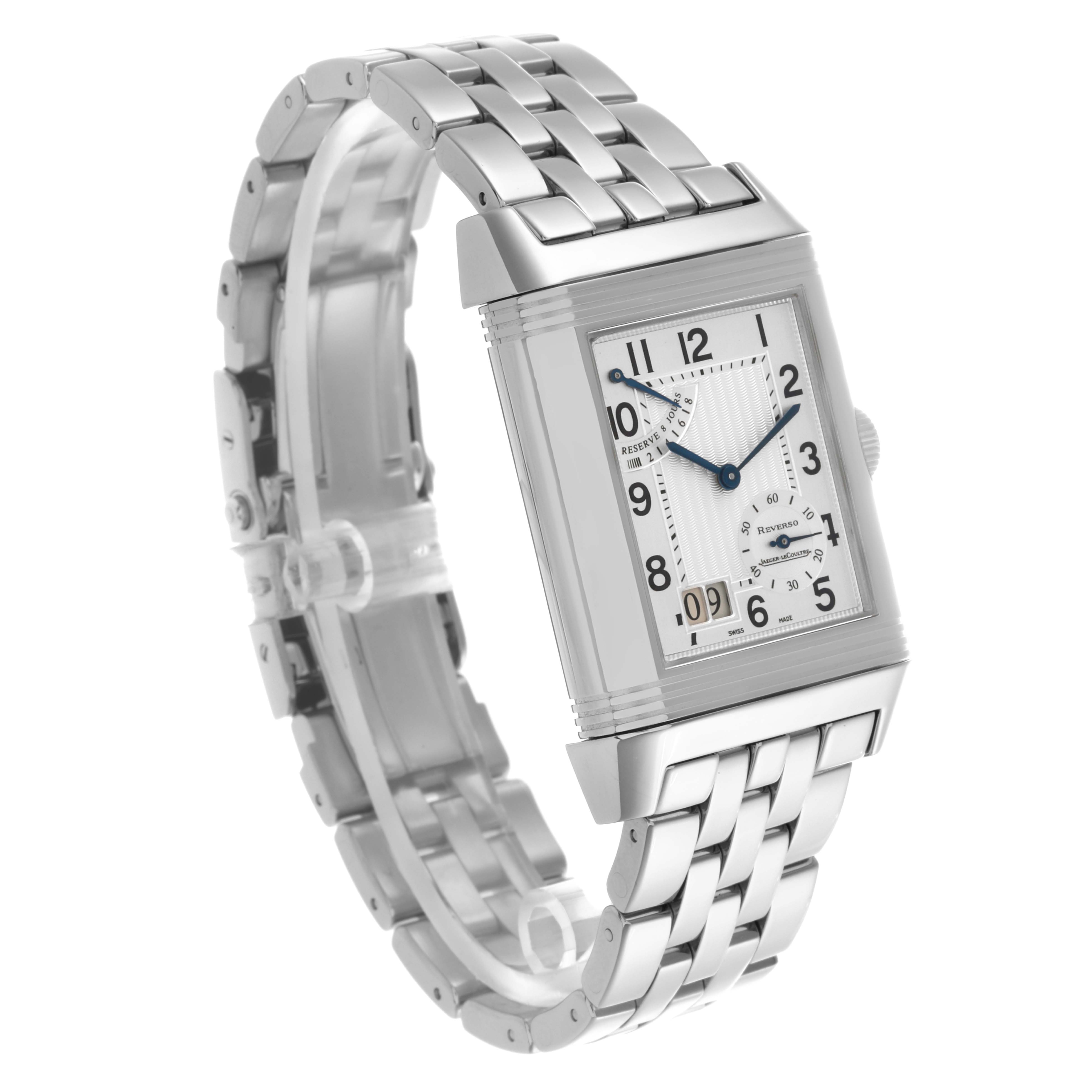 The Jaeger LeCoultre Reverso Q3008120 Men's Stainless Steel Silver Dial Q3008120 Men's Stainless Steel Silver Dial watch is shown at an oblique angle, highlighting its rectangular face and linked metal bracelet.
