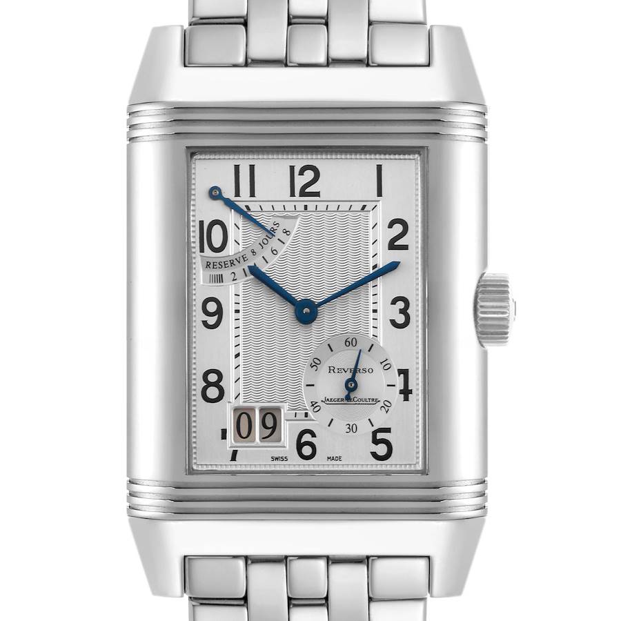 The Jaeger-LeCoultre Reverso watch is shown from the front, displaying the dial, hands, crown, and part of the bracelet.