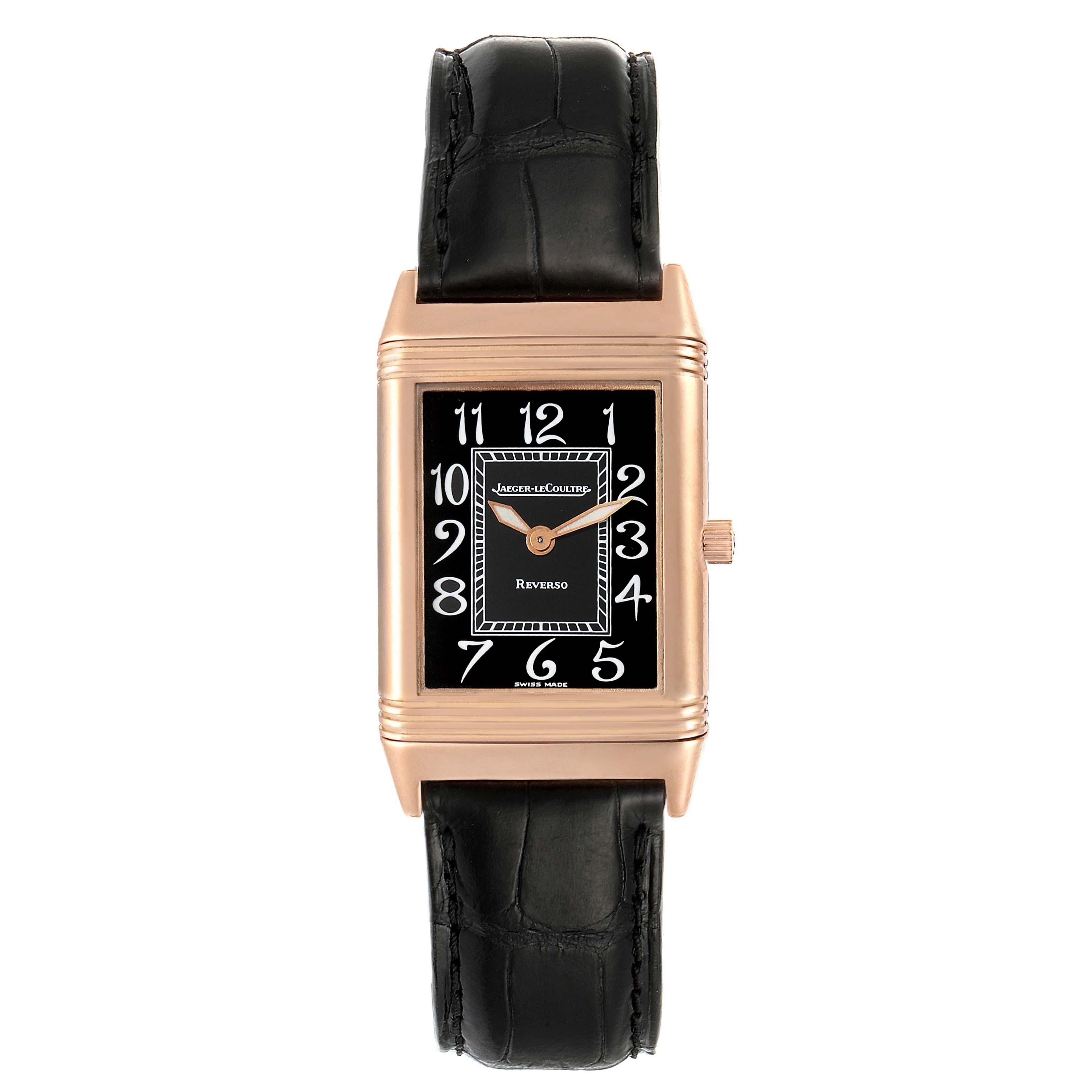 The image shows a front view of a Jaeger-LeCoultre Reverso watch, featuring a rectangular face, black dial, and black leather strap.