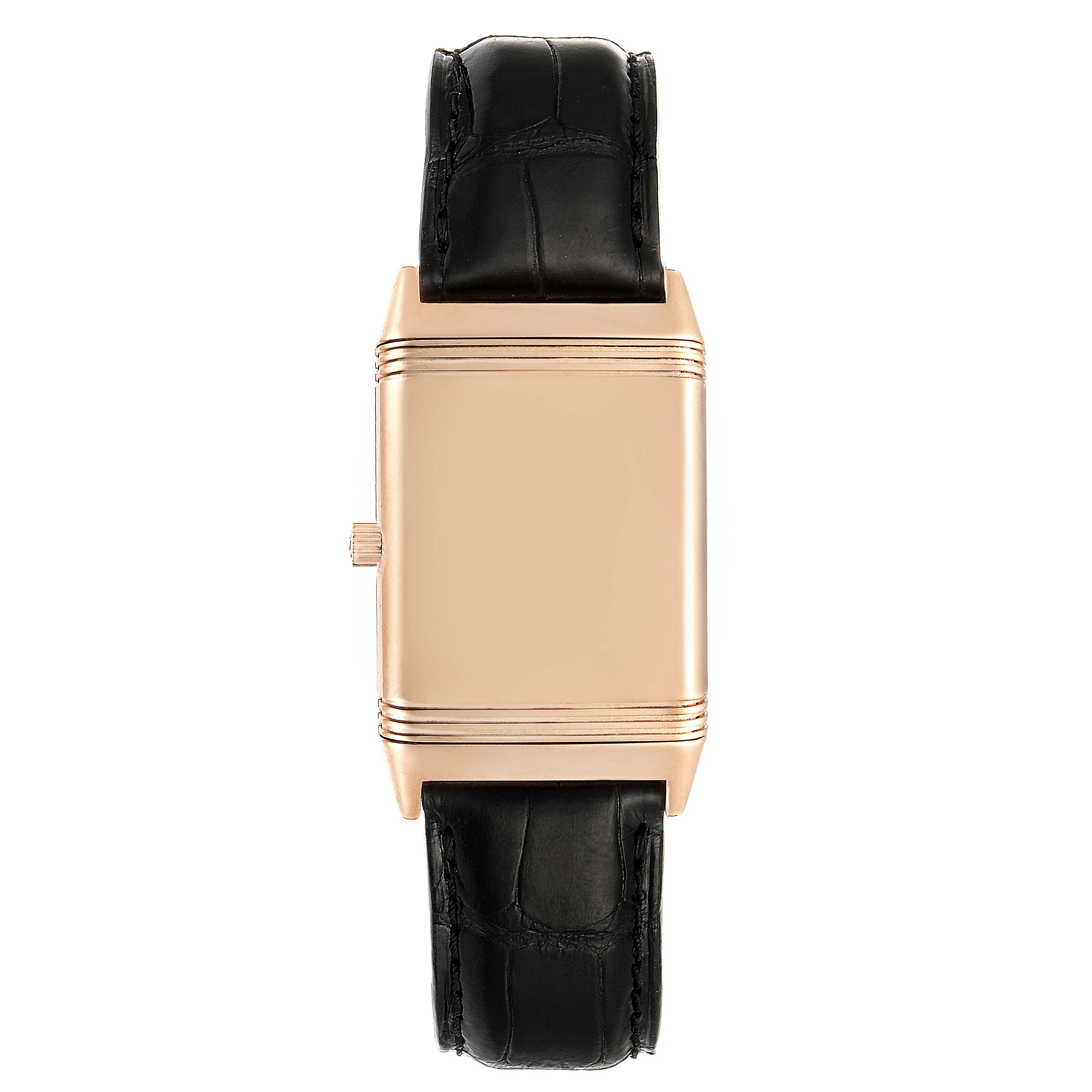 The image shows a front view of the Jaeger LeCoultre Reverso 250.2.86 Men's Rose Gold Black Dial 250.2.86 Men's Rose Gold Black Dial watch with a black leather strap and a rose gold case.