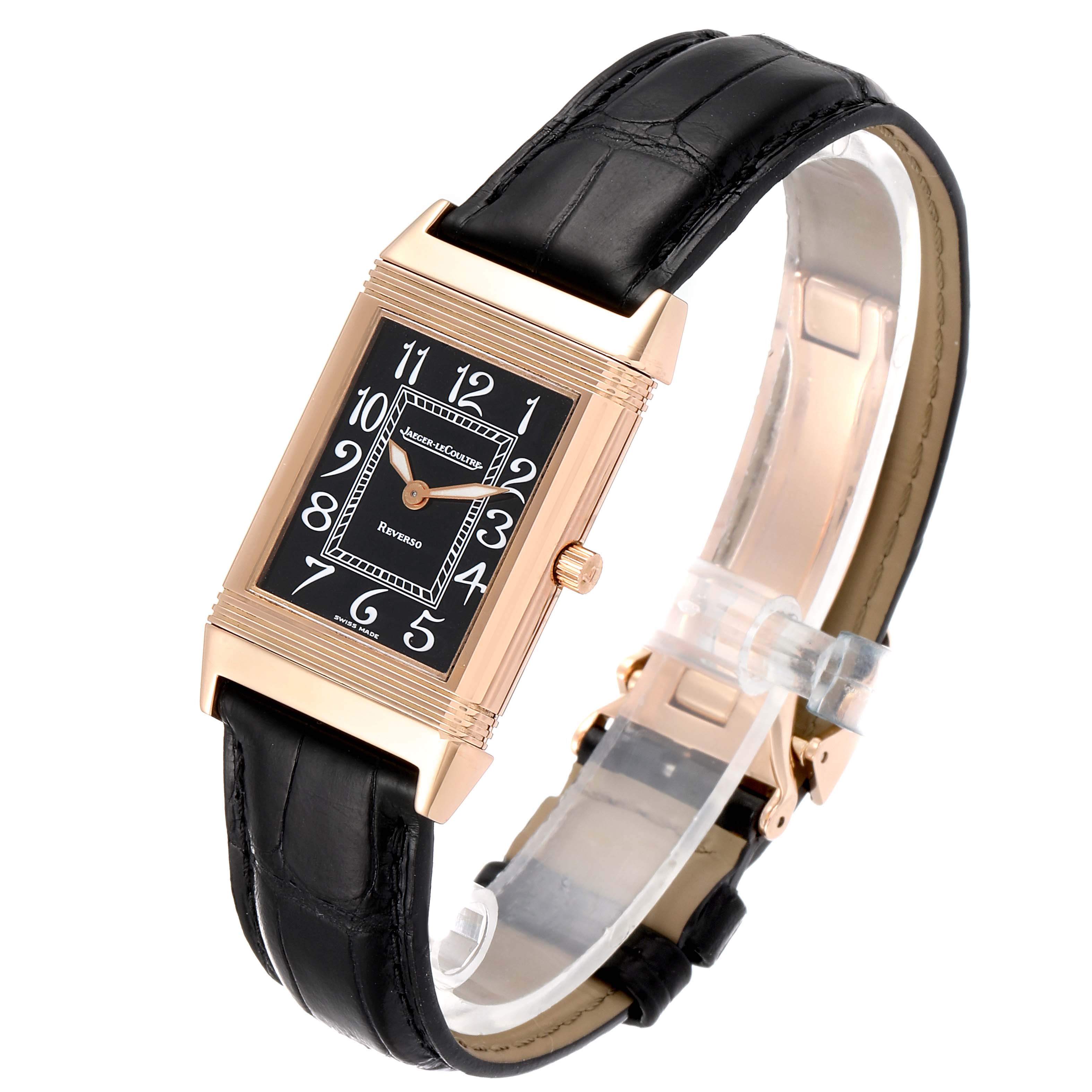 The image shows a Jaeger LeCoultre Reverso 250.2.86 Men's Rose Gold Black Dial 250.2.86 Men's Rose Gold Black Dial watch from a side angle, highlighting its rectangular face, black leather strap, and crown.