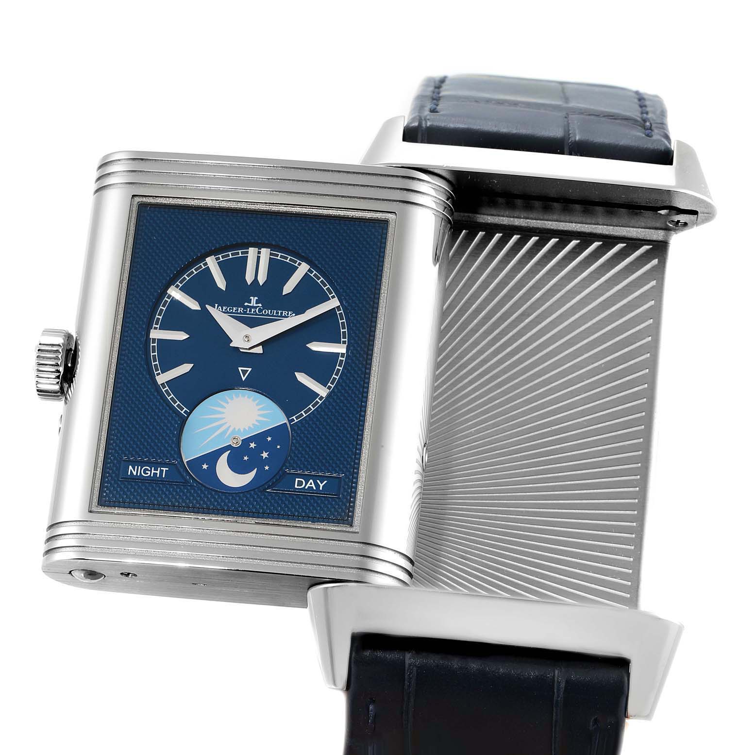 This image shows a Jaeger LeCoultre Reverso Q3958420 Men's Stainless Steel Blue Dial Q3958420 Men's Stainless Steel Blue Dial watch at an angle, highlighting the dial and partially the case's unique rotating mechanism.