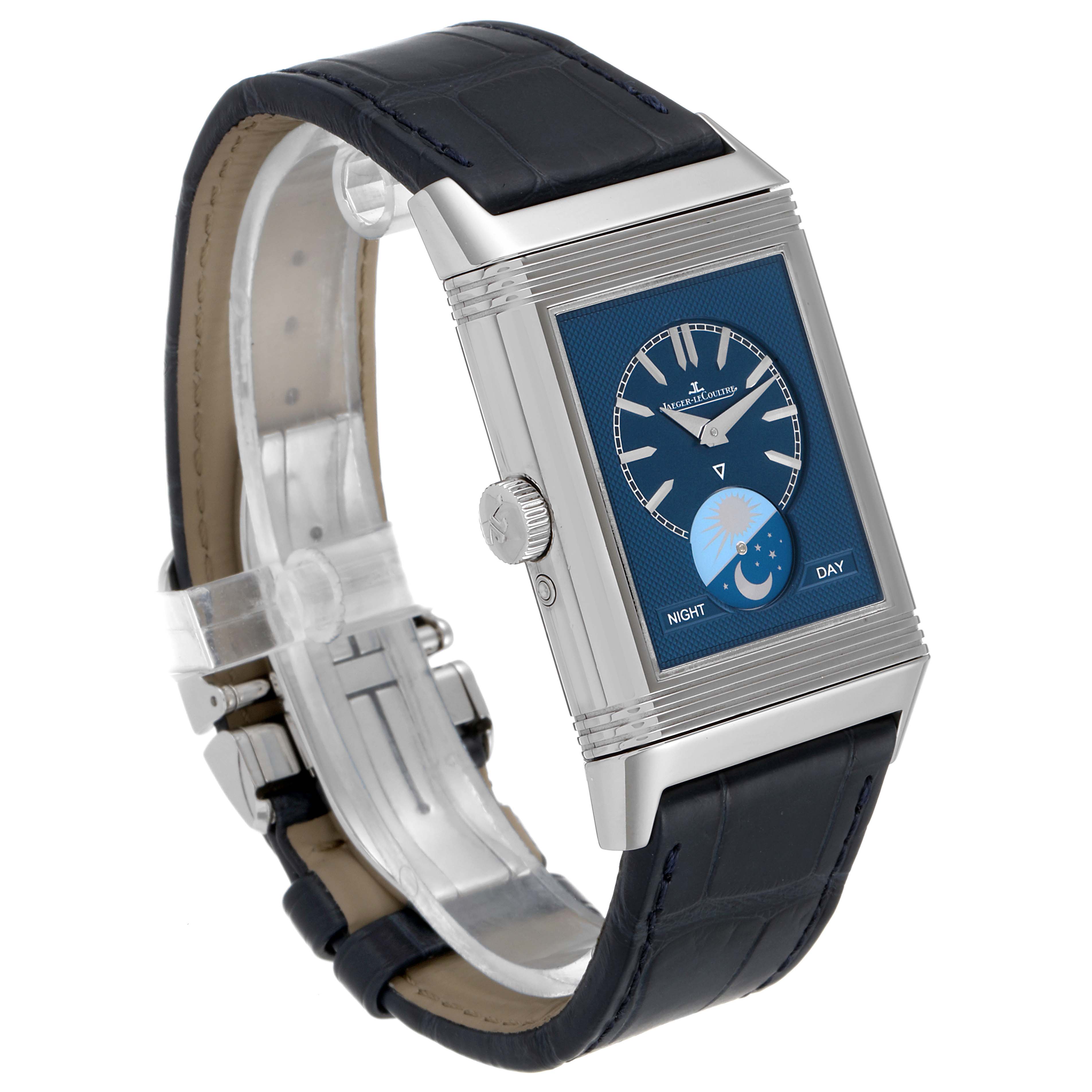 This Jaeger-LeCoultre Reverso model watch is shown at a three-quarter angle, displaying its face, strap, and side crown.