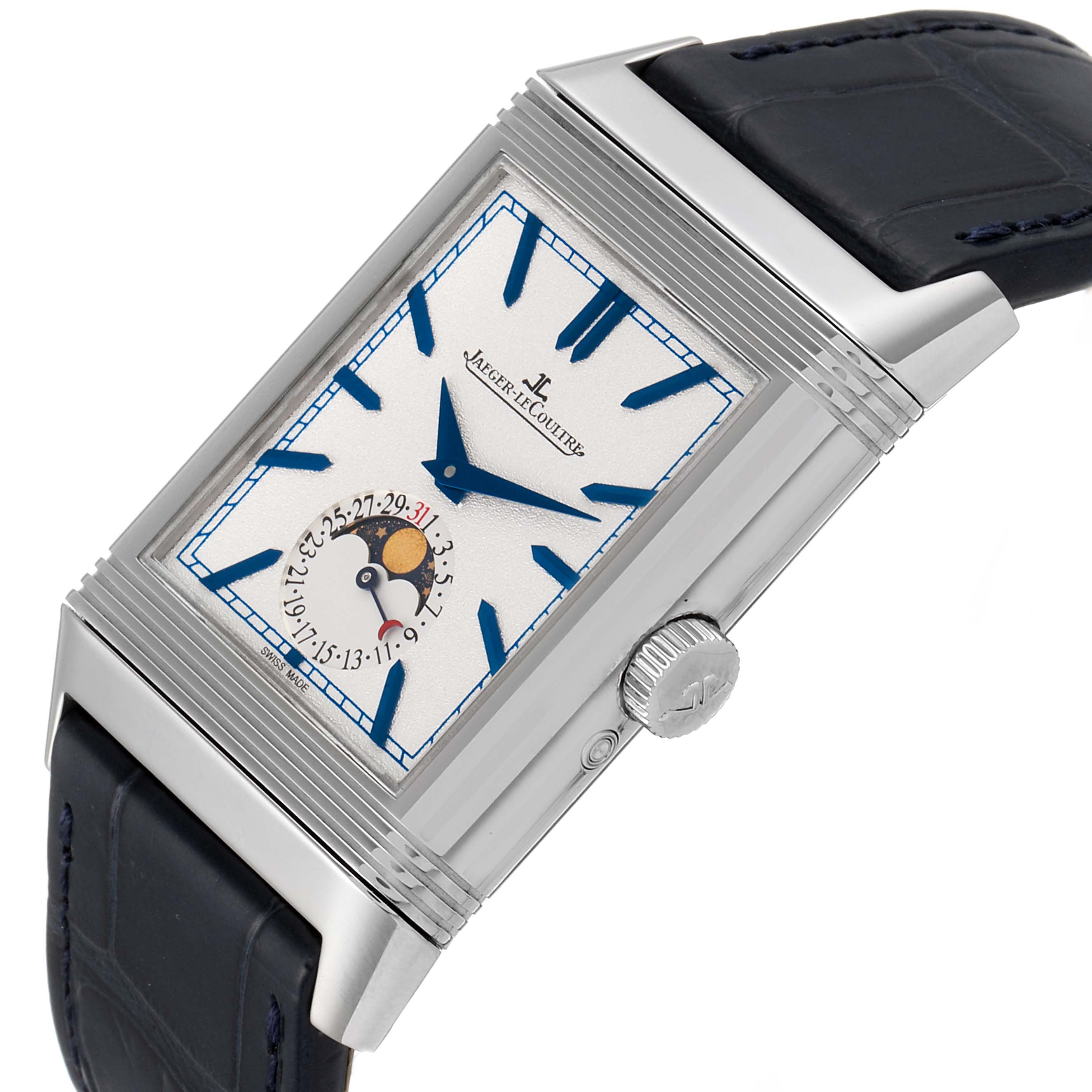 The image shows a Jaeger-LeCoultre Reverso watch at a three-quarter angle, highlighting the dial, crown, and leather strap.