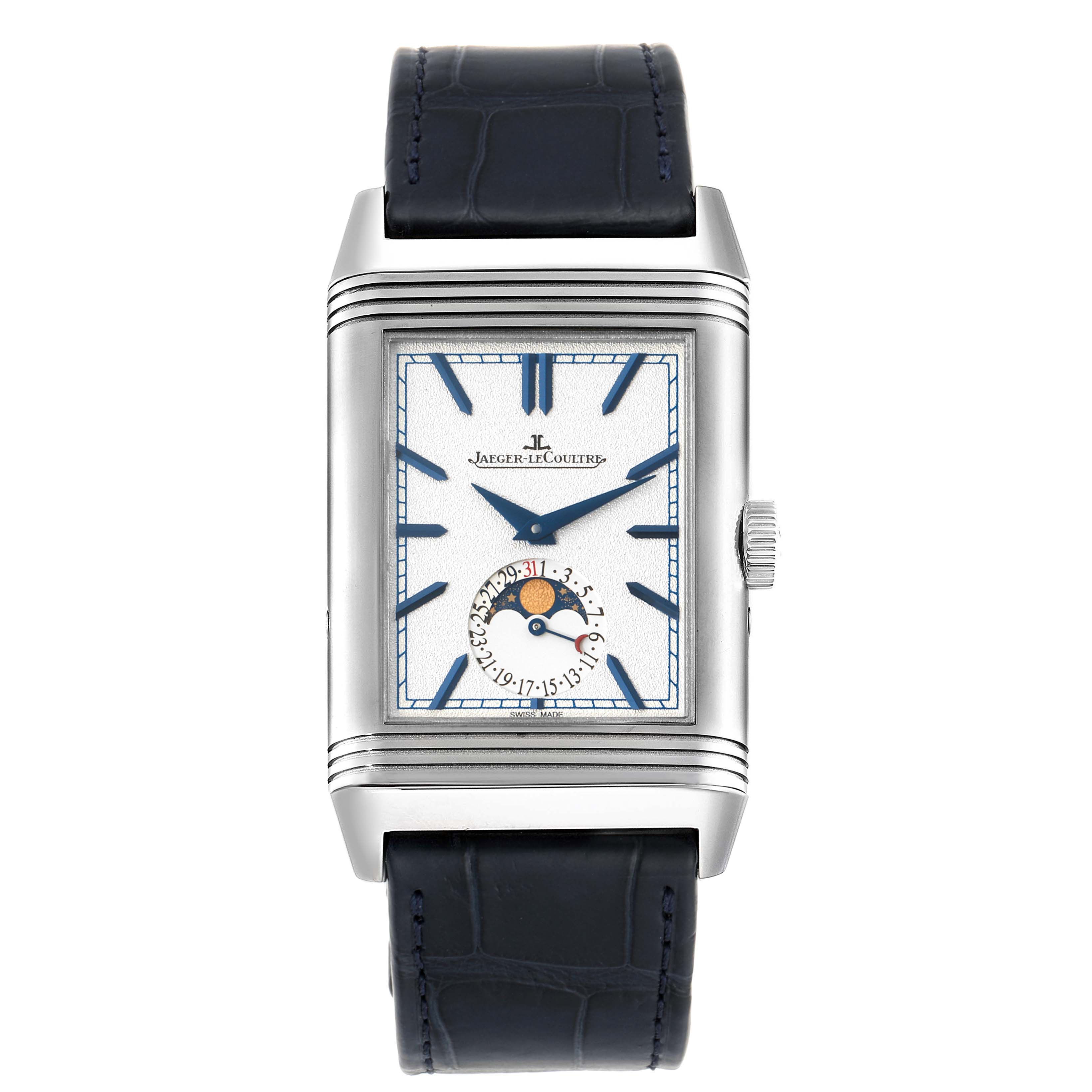 The image shows a front view of a Jaeger LeCoultre Reverso Q3958420 Men's Stainless Steel Blue Dial Q3958420 Men's Stainless Steel Blue Dial model watch, featuring its dial, hands, and moon phase indicator.