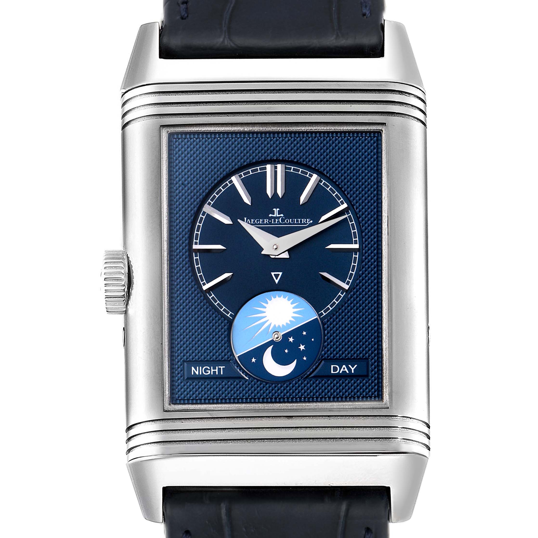 This is a frontal view of a Jaeger LeCoultre Reverso Q3958420 Men's Stainless Steel Blue Dial Q3958420 Men's Stainless Steel Blue Dial watch, displaying the time, day/night indicator, and crown.