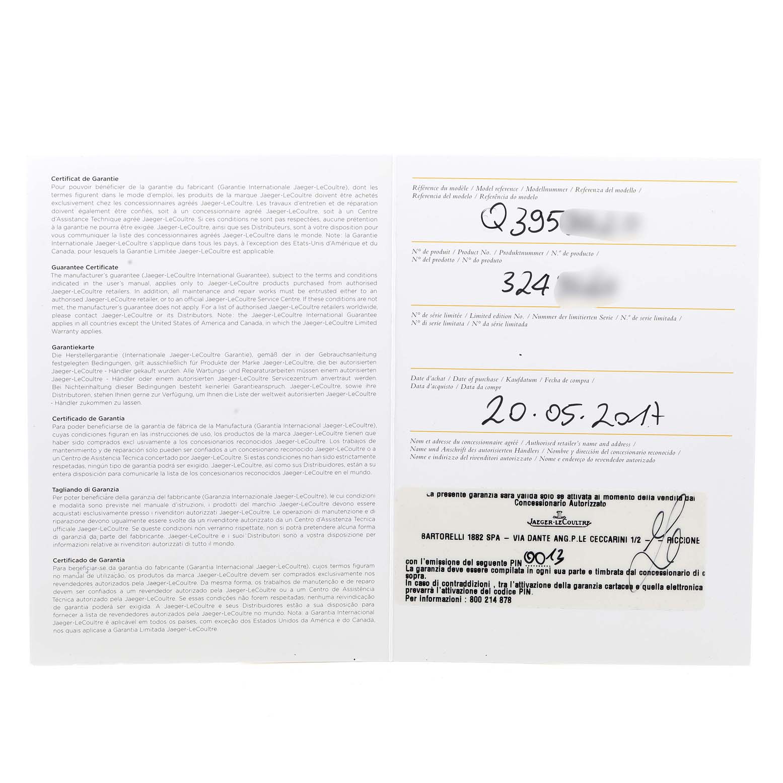 The image shows the warranty certificate documentation for a Jaeger LeCoultre Reverso Q3958420 Men's Stainless Steel Blue Dial Q3958420 Men's Stainless Steel Blue Dial model, filled with model details and purchase date.