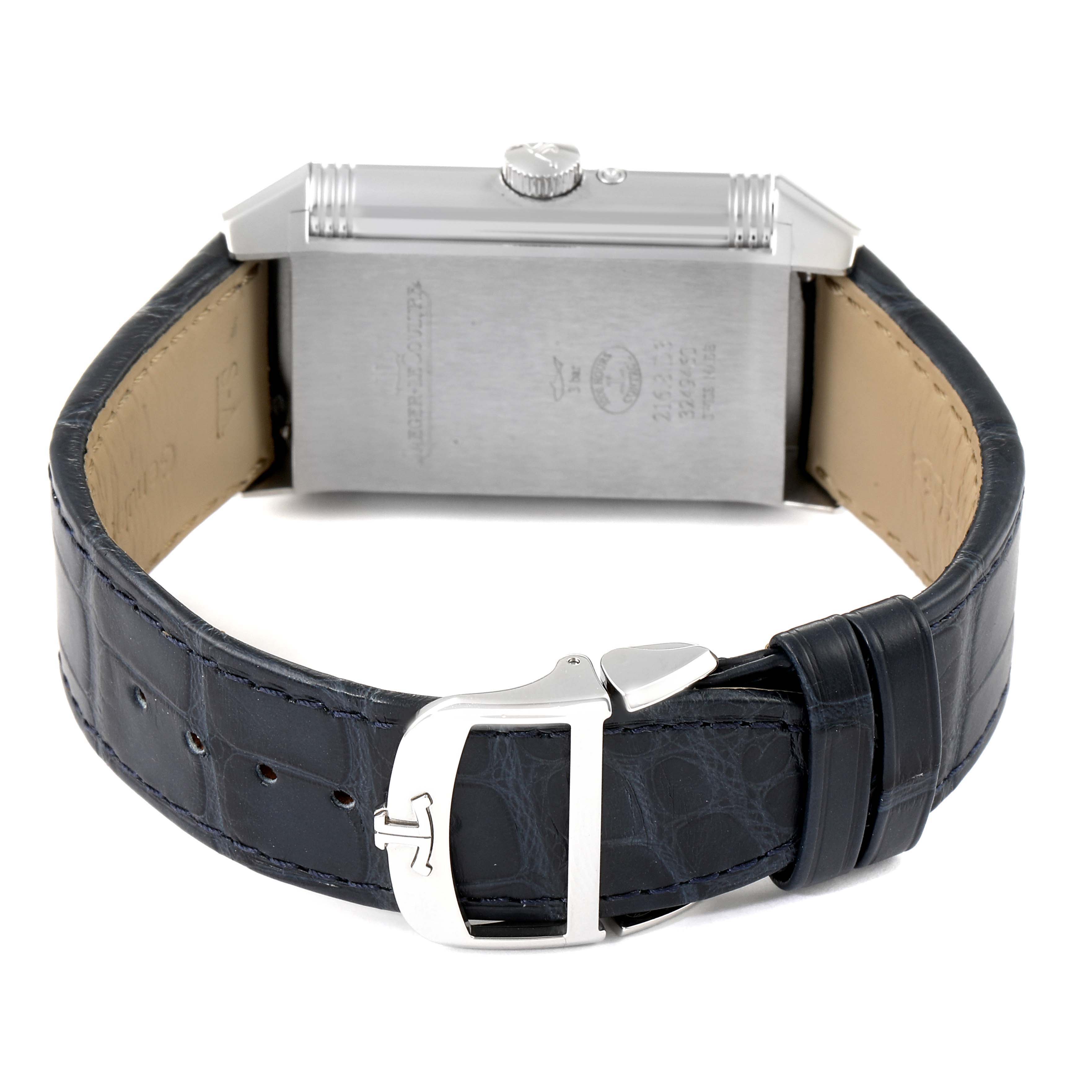 This image shows the back view of a Jaeger LeCoultre Reverso Q3958420 Men's Stainless Steel Blue Dial Q3958420 Men's Stainless Steel Blue Dial watch, displaying the case back, crown, and leather strap with clasp.