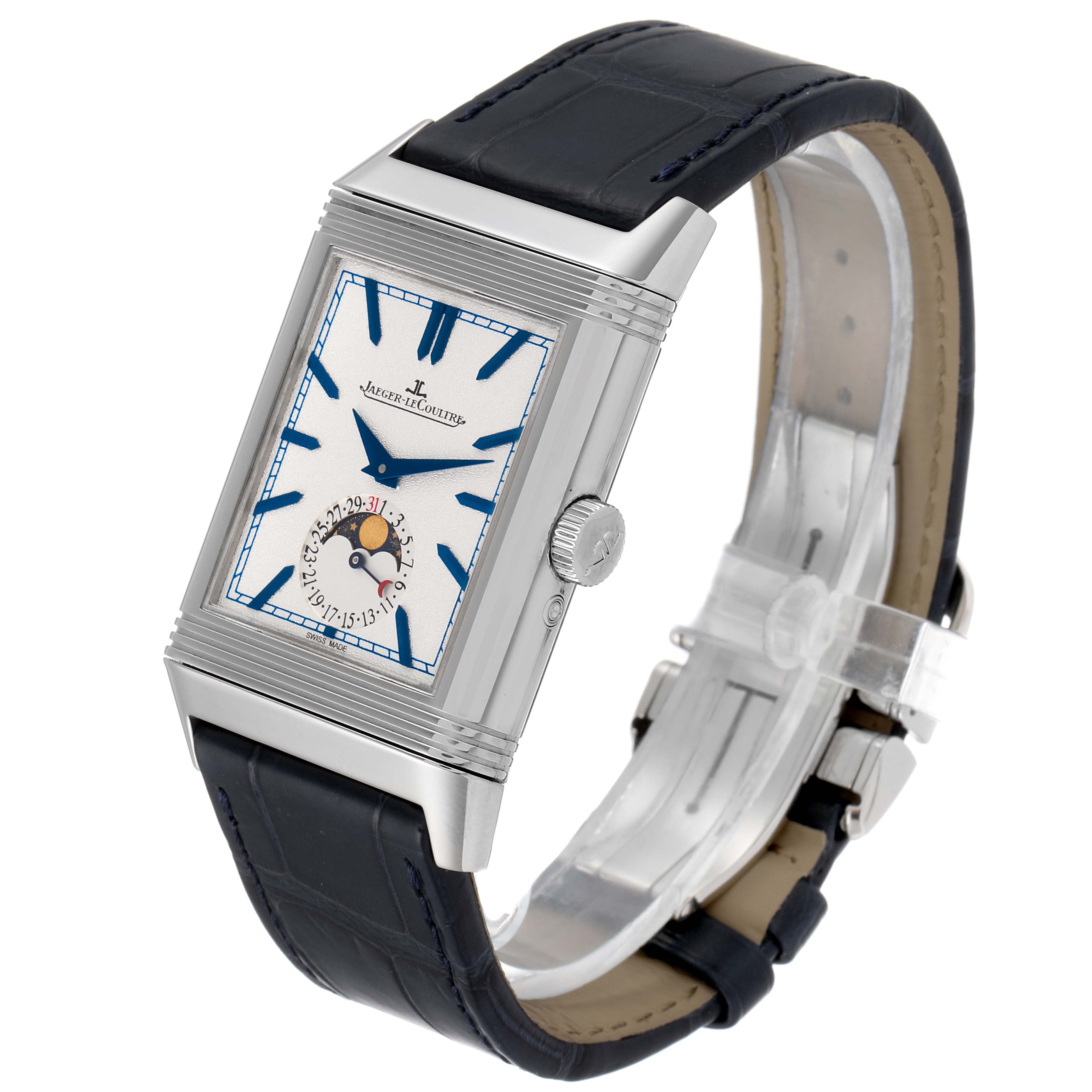 The image shows a side and front angle of the Jaeger LeCoultre Reverso Q3958420 Men's Stainless Steel Blue Dial Q3958420 Men's Stainless Steel Blue Dial watch, highlighting its dial, case, crown, and strap.